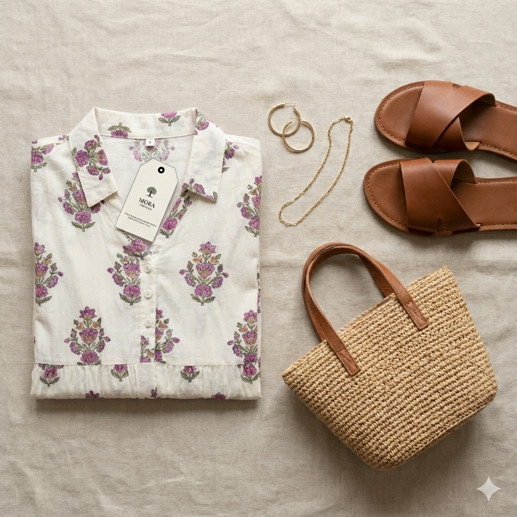 Flat lay of the Mora Heritage Noosa dress in white organic cotton, styled with leather accessories. A sustainable fashion investment piece demonstrating excellent cost-per-wear value.
