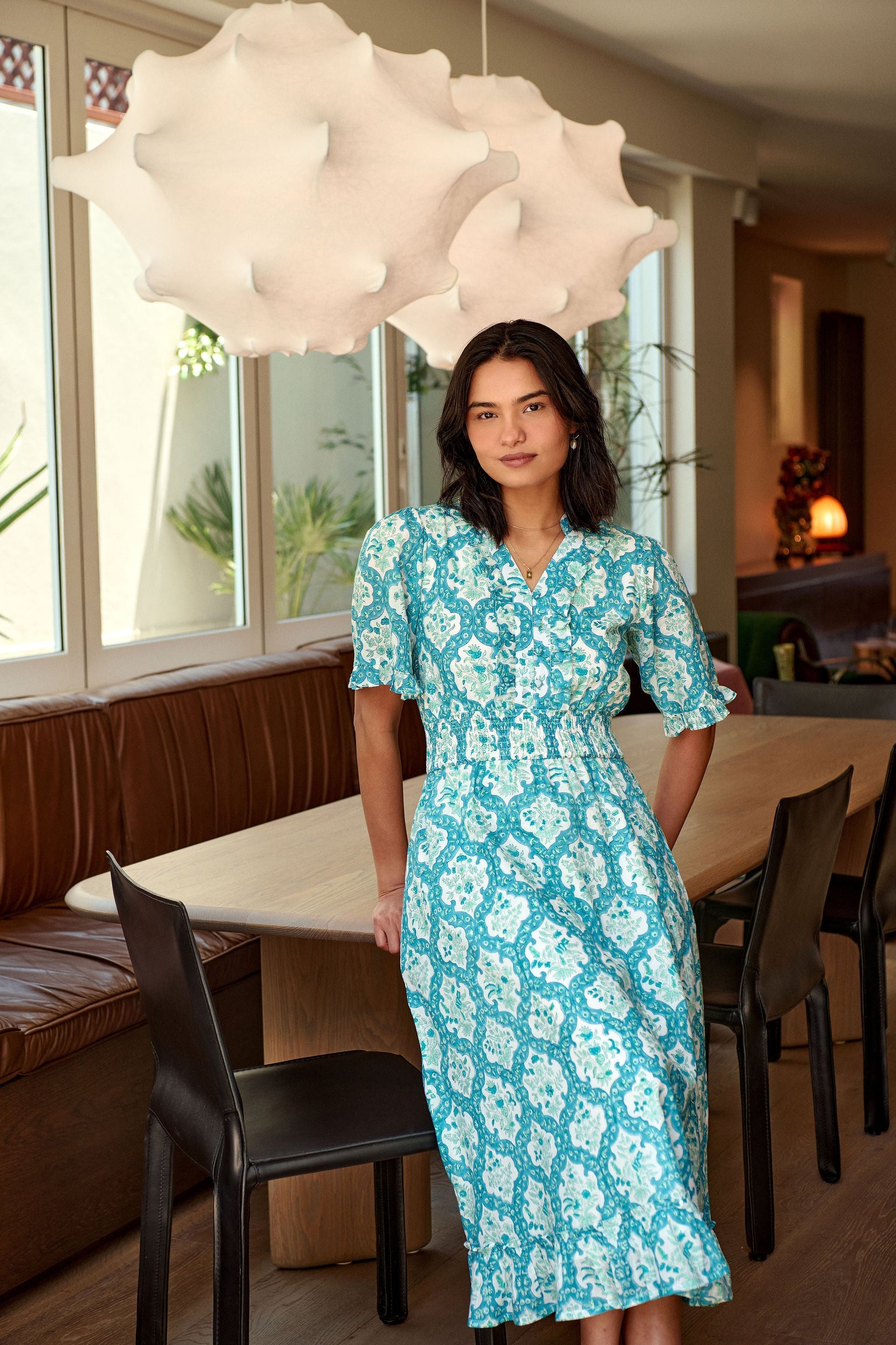 Mora Heritage Airlie Dress in Ocean Corals Blue. Organic cotton midi dress Australia with puff sleeves.
