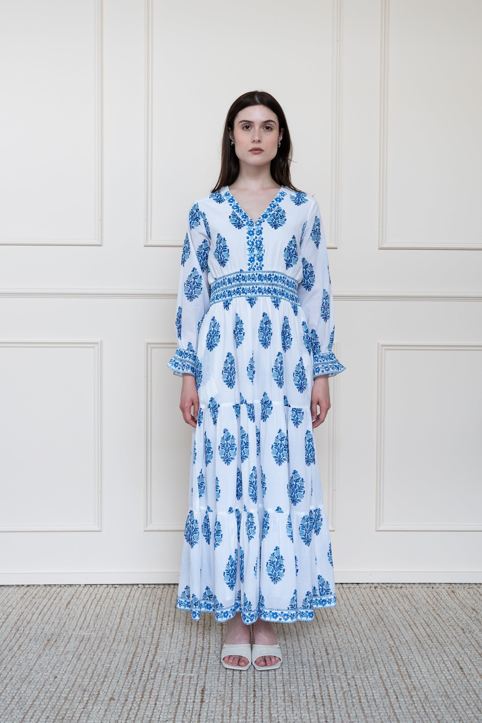 Full length front view of Mora Heritage Atherton Dress in Blue Botanicals showing relaxed fit summer dress style.