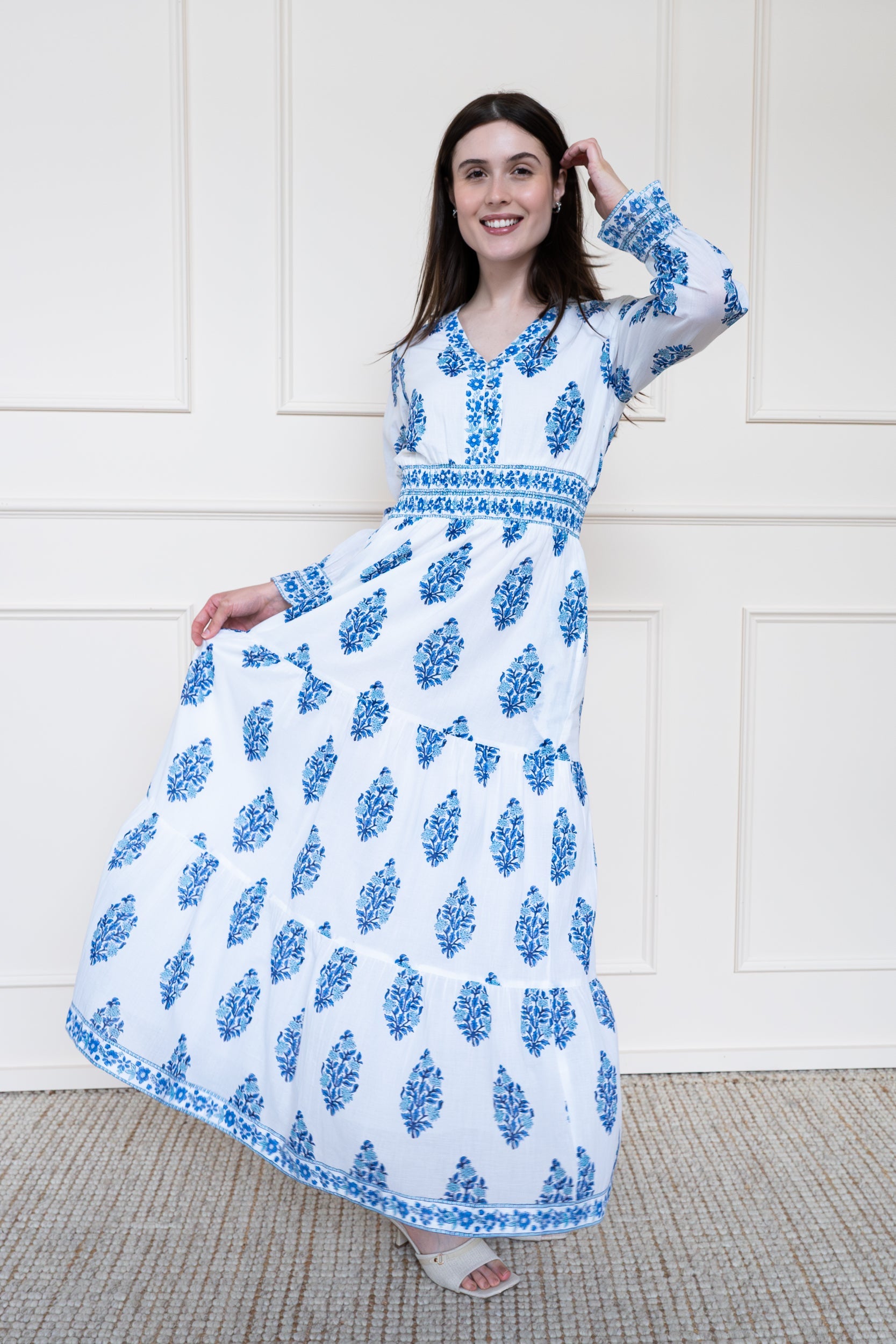 Mora Heritage Atherton dress in blue botanicals. Organic cotton maxi dress Australia luxury resort wear.