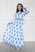 Mora Heritage Atherton dress in blue botanicals. Organic cotton maxi dress Australia luxury resort wear.