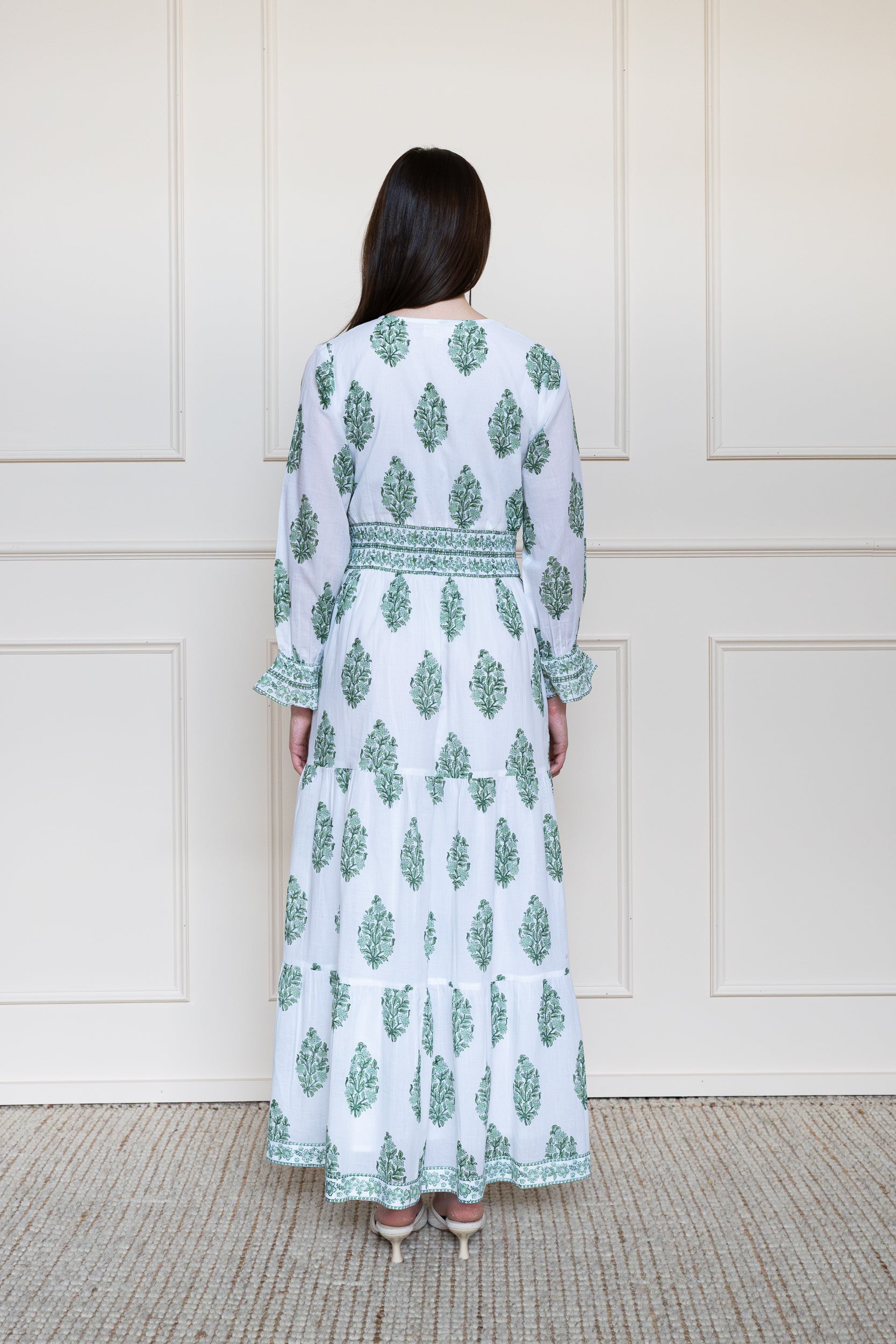 Back view of Atherton Dress in green showing relaxed fit and breathable Indian organic cotton fabric.