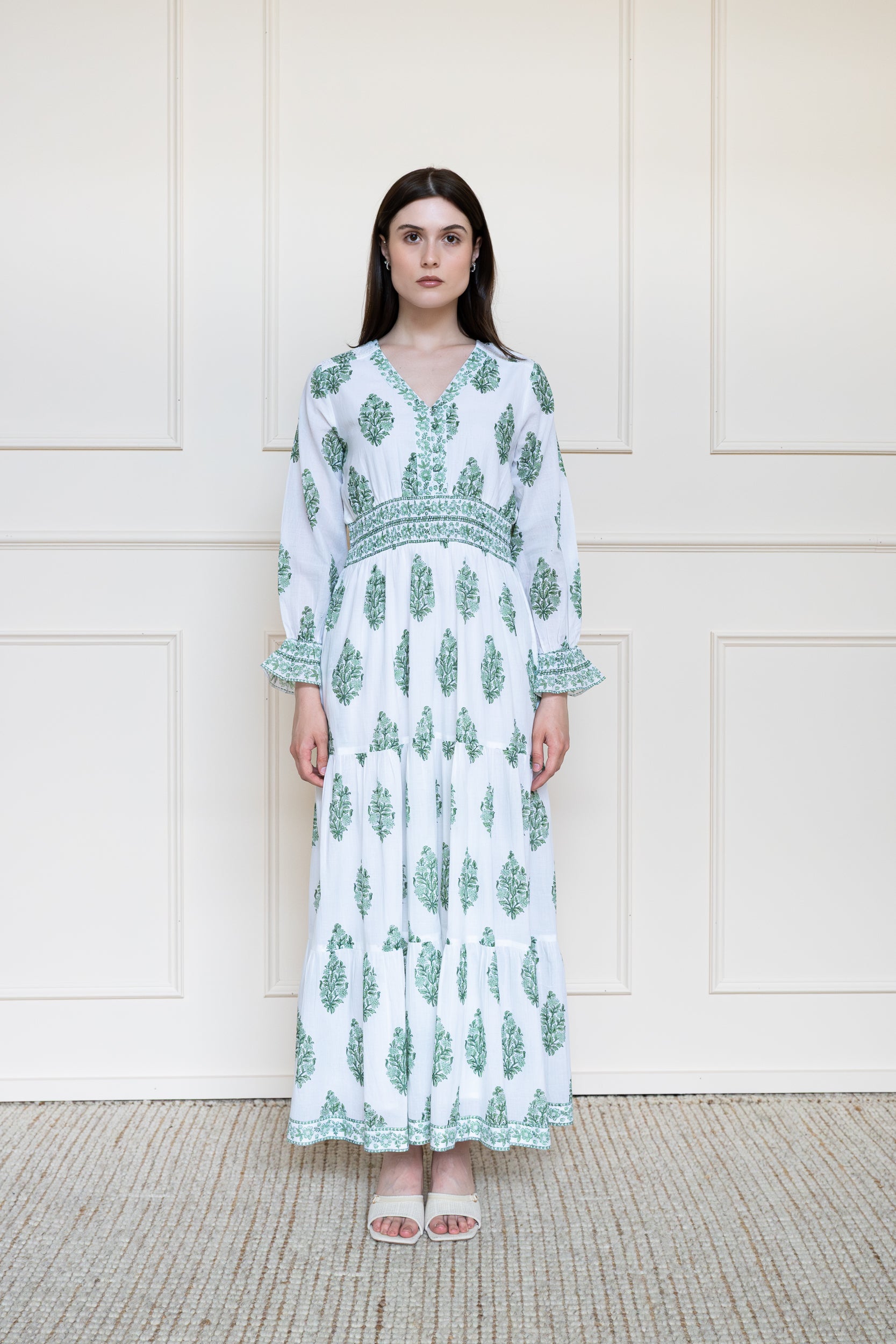Full length front view of Mora Heritage Atherton Dress in Green Botanicals showing relaxed fit summer dress style.