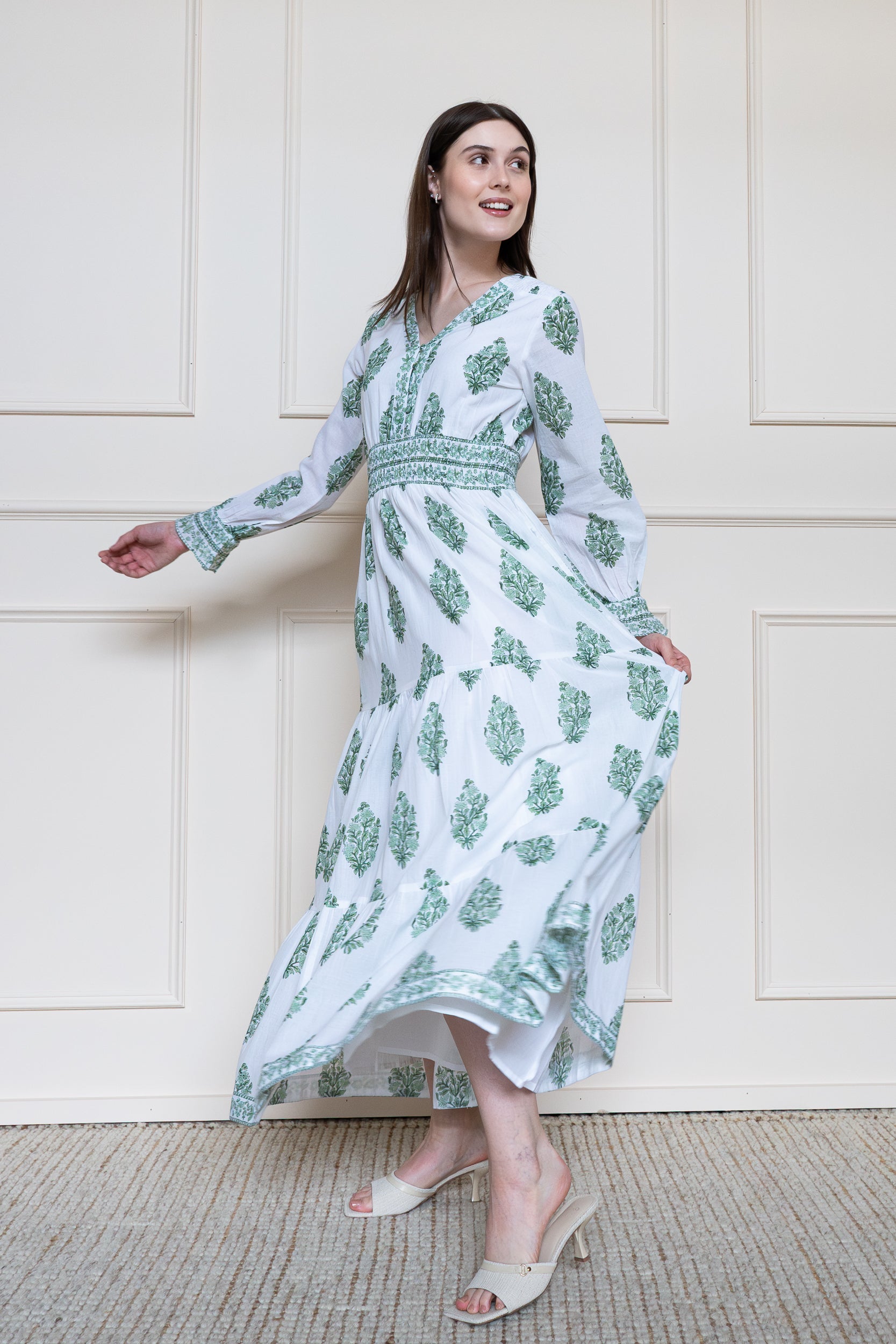 Mora Heritage Atherton Dress in Green Botanicals. Organic cotton maxi dress Australia luxury resort wear.