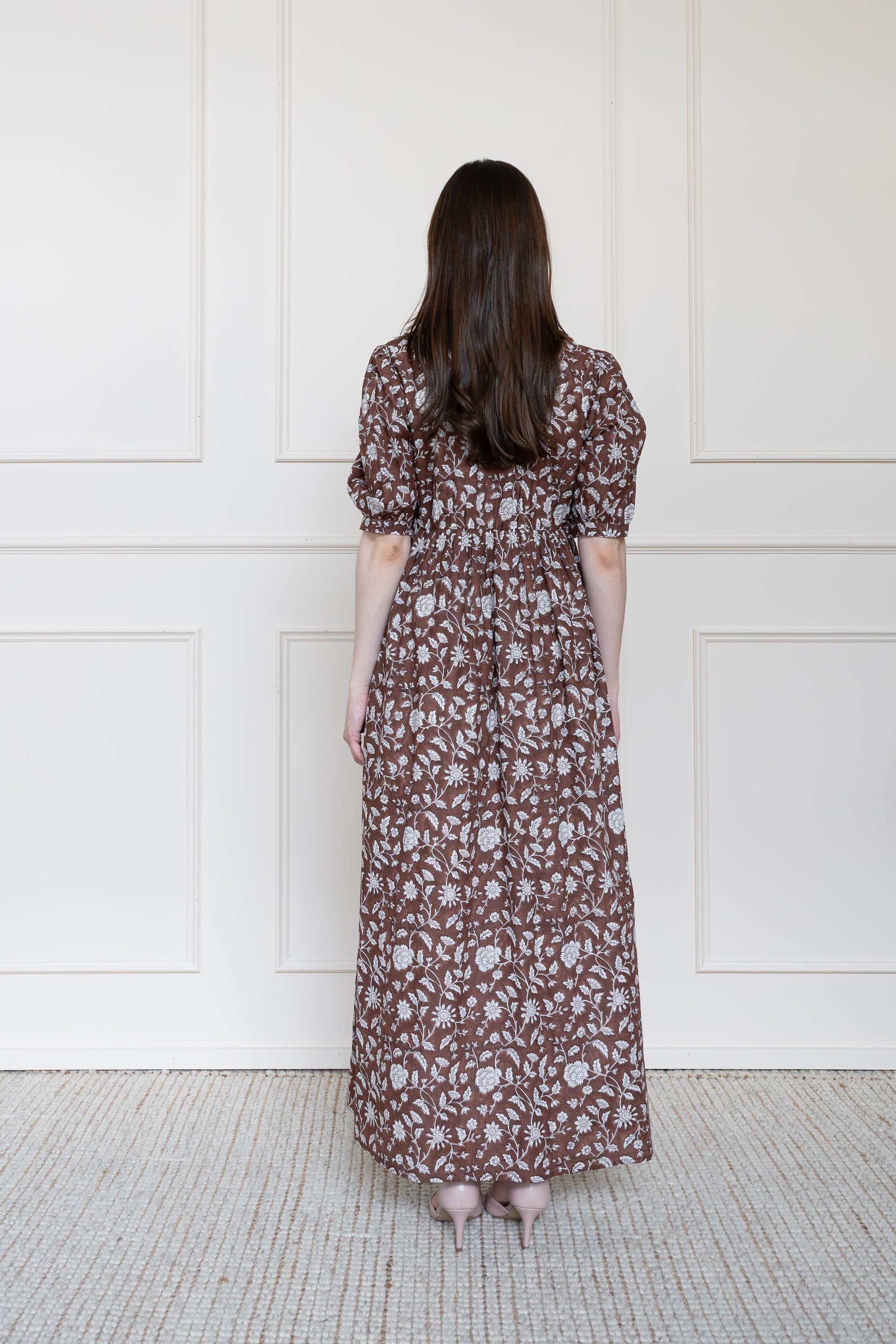 Back view of Balmoral Dress in Chocolate Blossom showing flattering A-line silhouette and breathable organic cotton fabric.