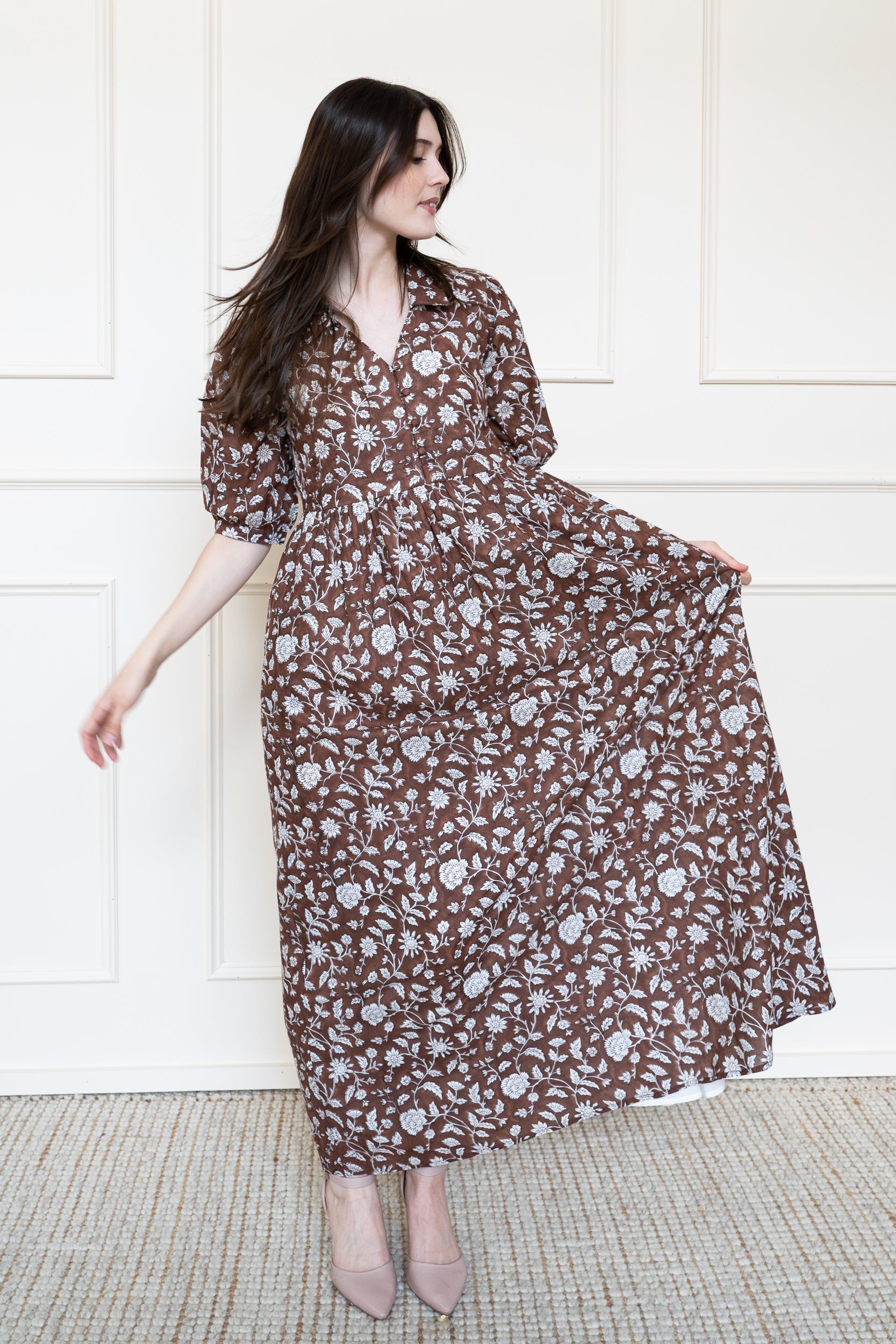Mora Heritage Balmoral Dress in Chocolate Blossom Brown. Organic cotton maxi dress Australia with shirt collar.