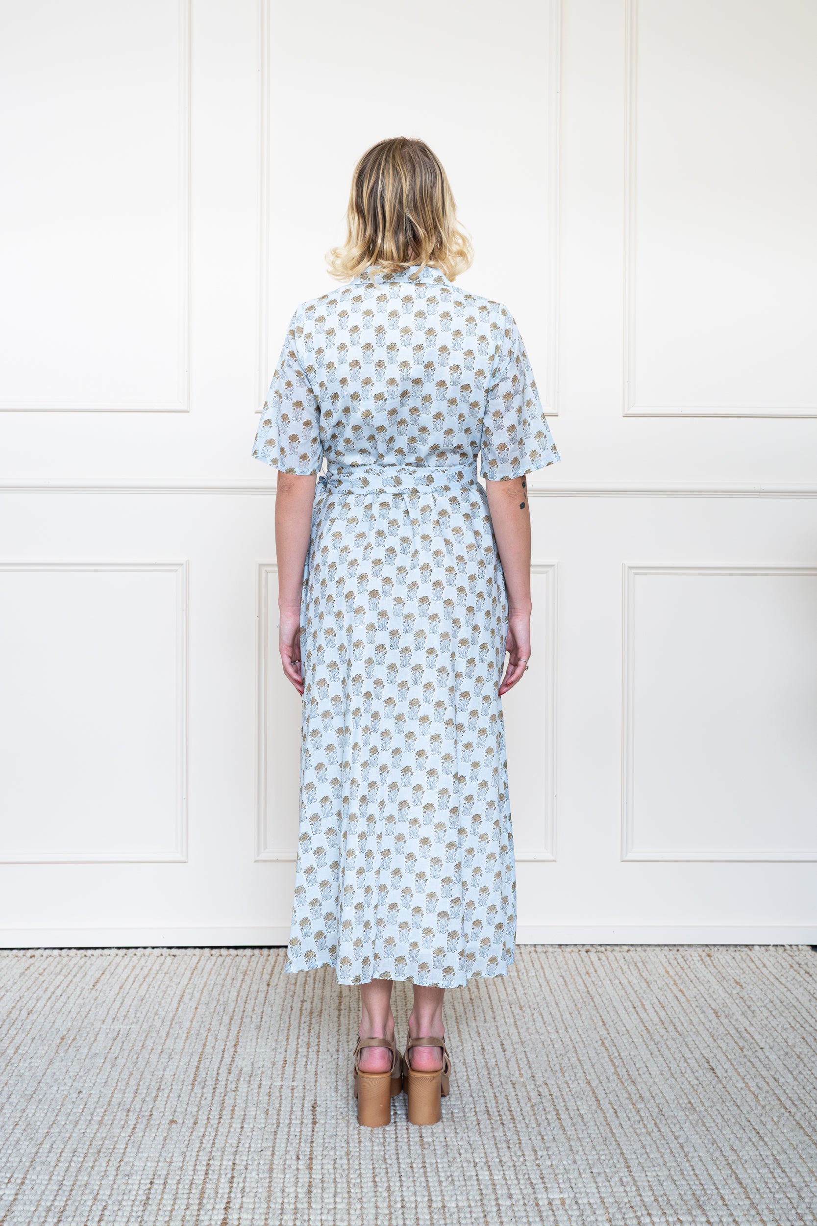 Back view of Bowral Dress in Highlands Mist showing flattering A-line silhouette and breathable organic cotton fabric.