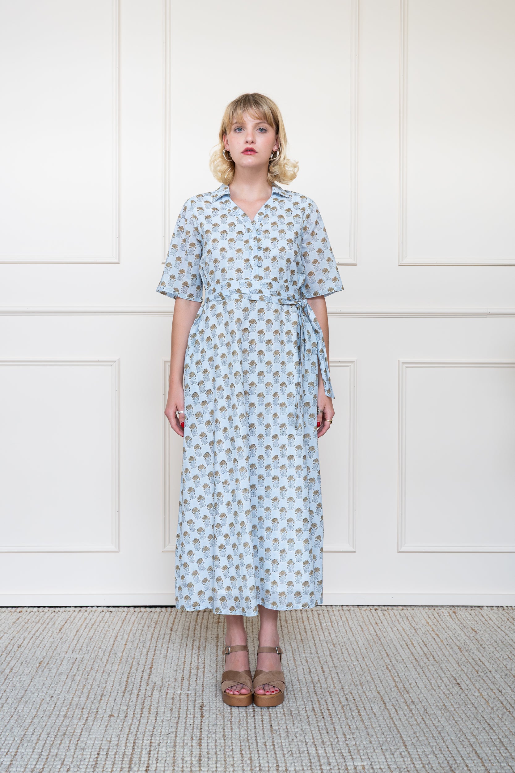 Mora Heritage Bowral Dress in Highlands Mist Blue. Organic cotton maxi dress Australia with shirt collar.