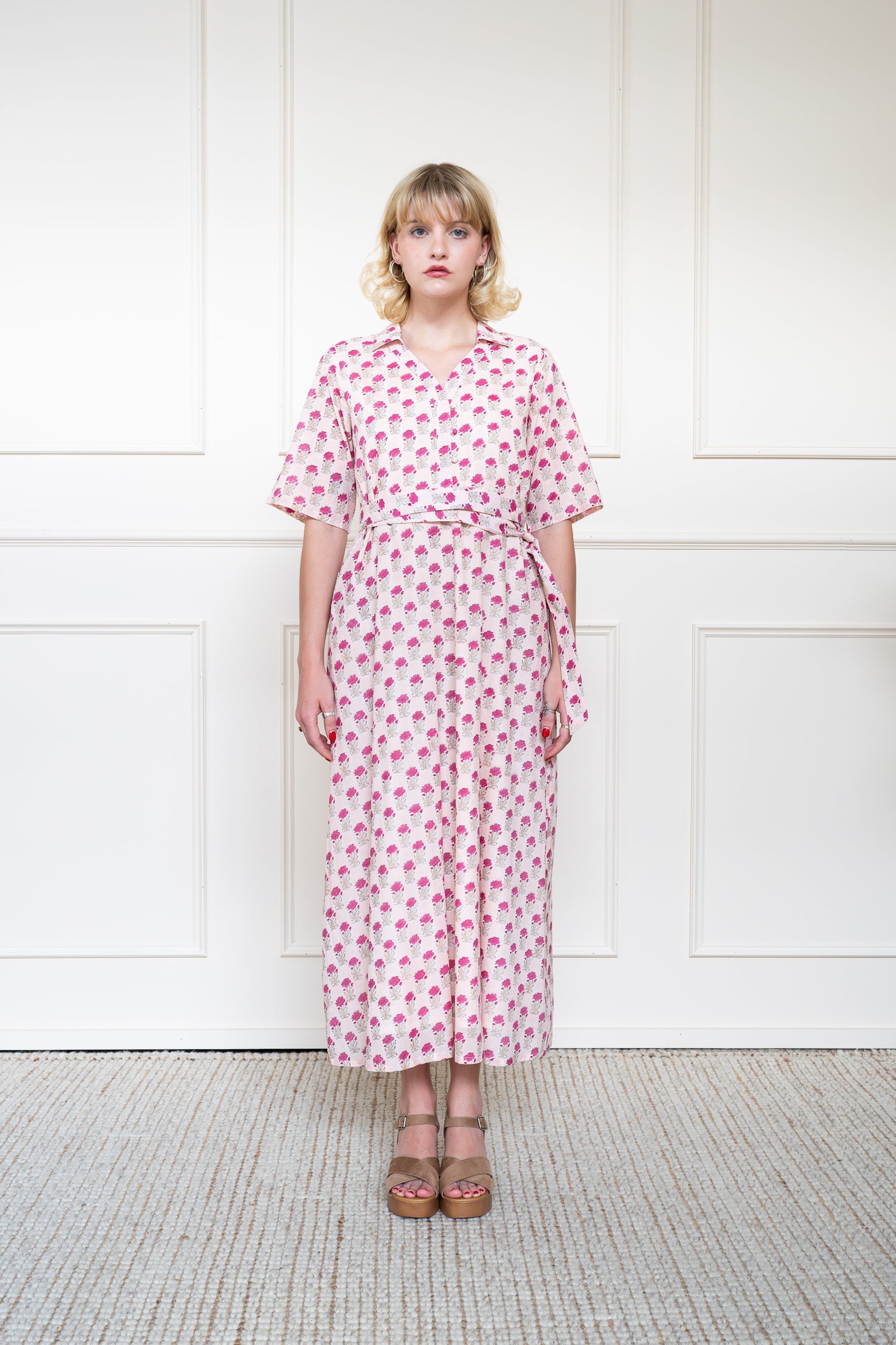 Bowral Dress in Rose Garden Pink showing flowing maxi skirt suitable for garden wedding guest or resort wear.