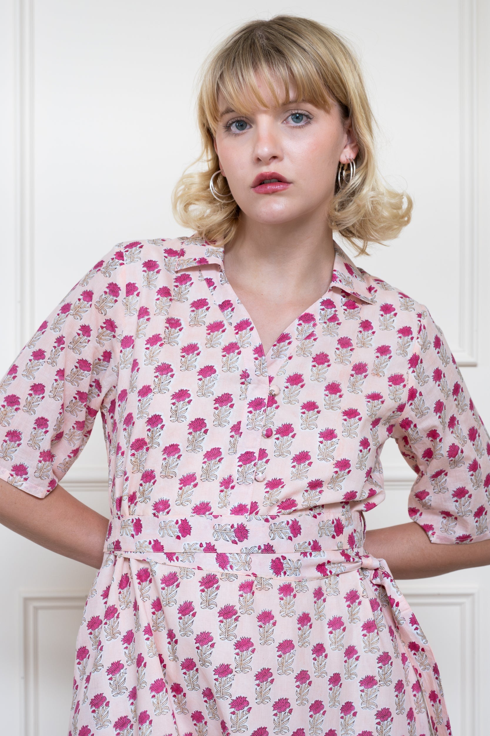 Mora Heritage Bowral Dress in Rose Garden Pink. Organic cotton maxi dress Australia with shirt collar.