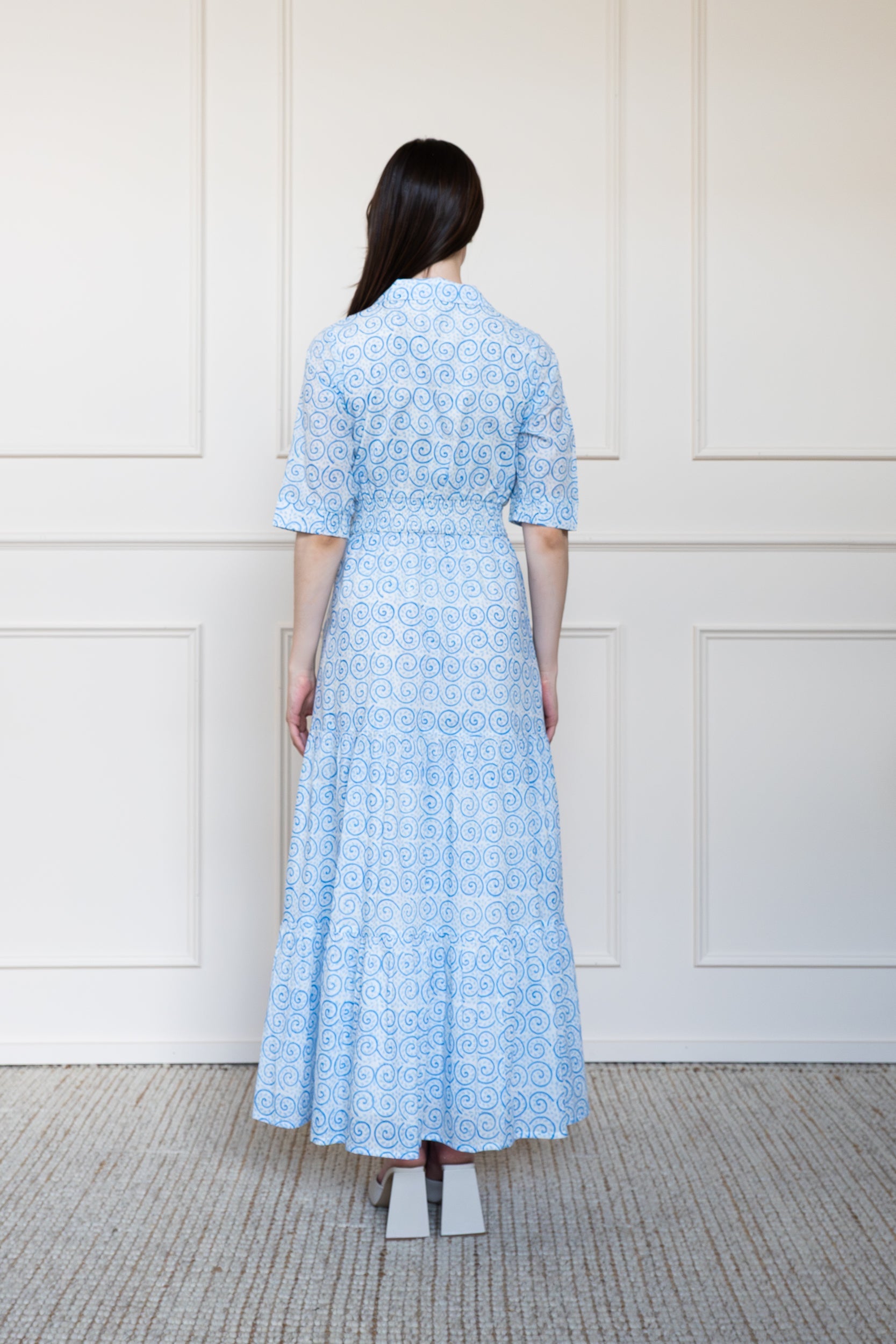 Back view of Byron Bay Dress in blue showing relaxed fit and breathable Indian organic cotton fabric.