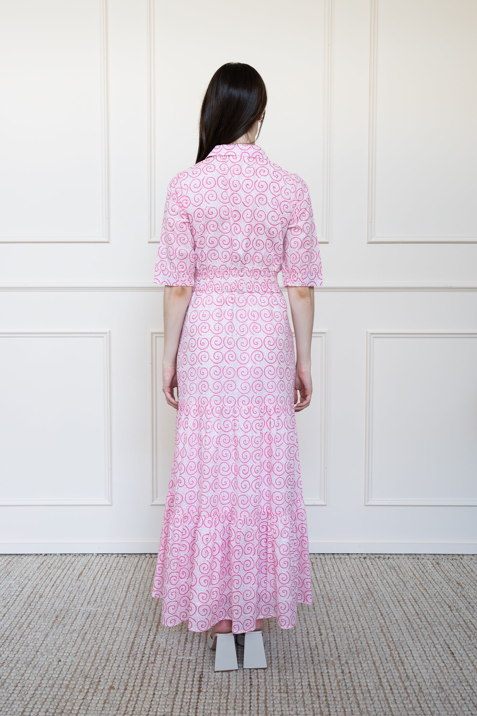 Back view of Byron Bay Dress in pink showing relaxed fit and breathable Indian organic cotton fabric.
