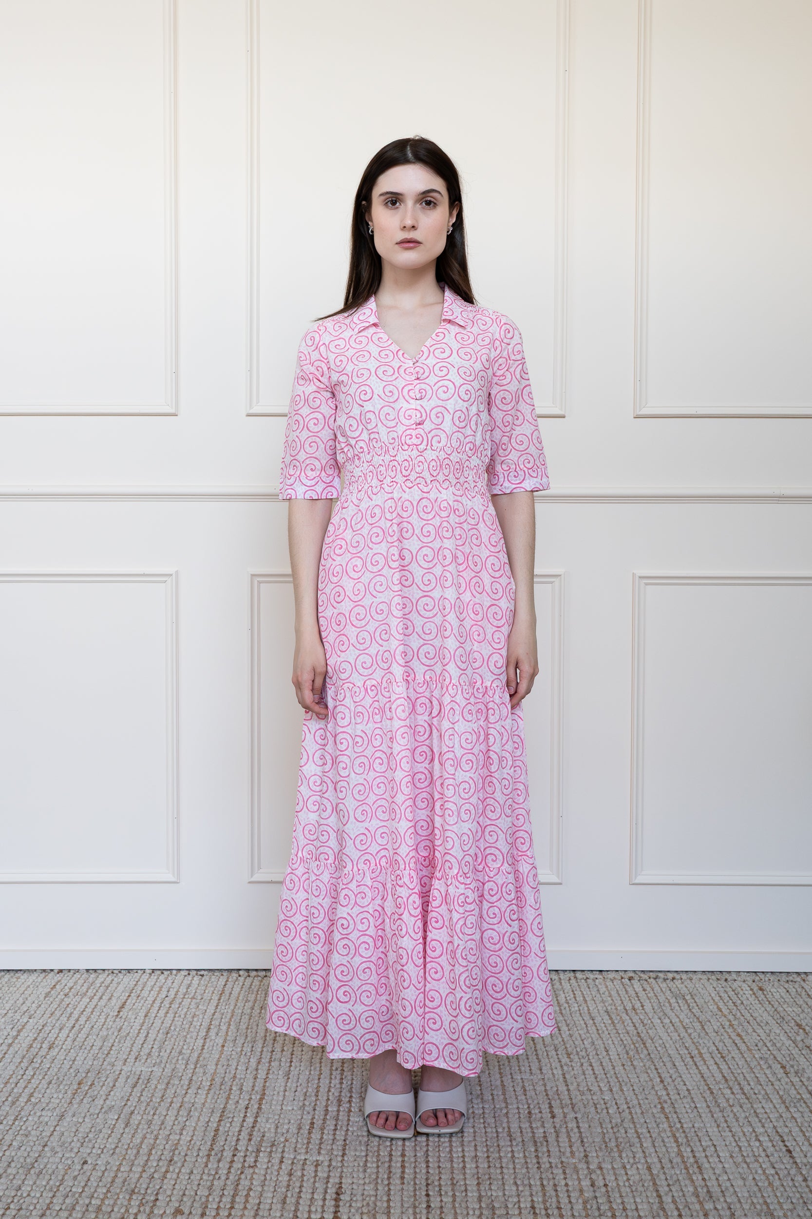 Full length front view of Mora Heritage Byron Bay Dress in Desert Rose Pink showing relaxed fit summer dress style.