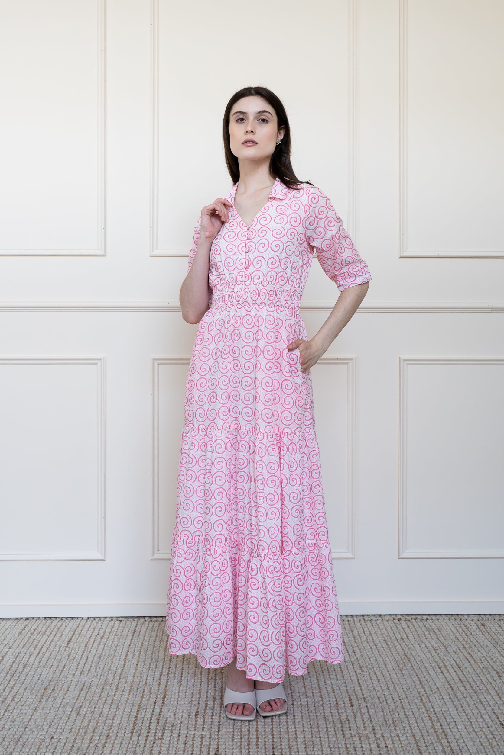 Mora Heritage Byron Bay Dress in Dessert Rose Pink. Organic cotton maxi dress Australia luxury resort wear.