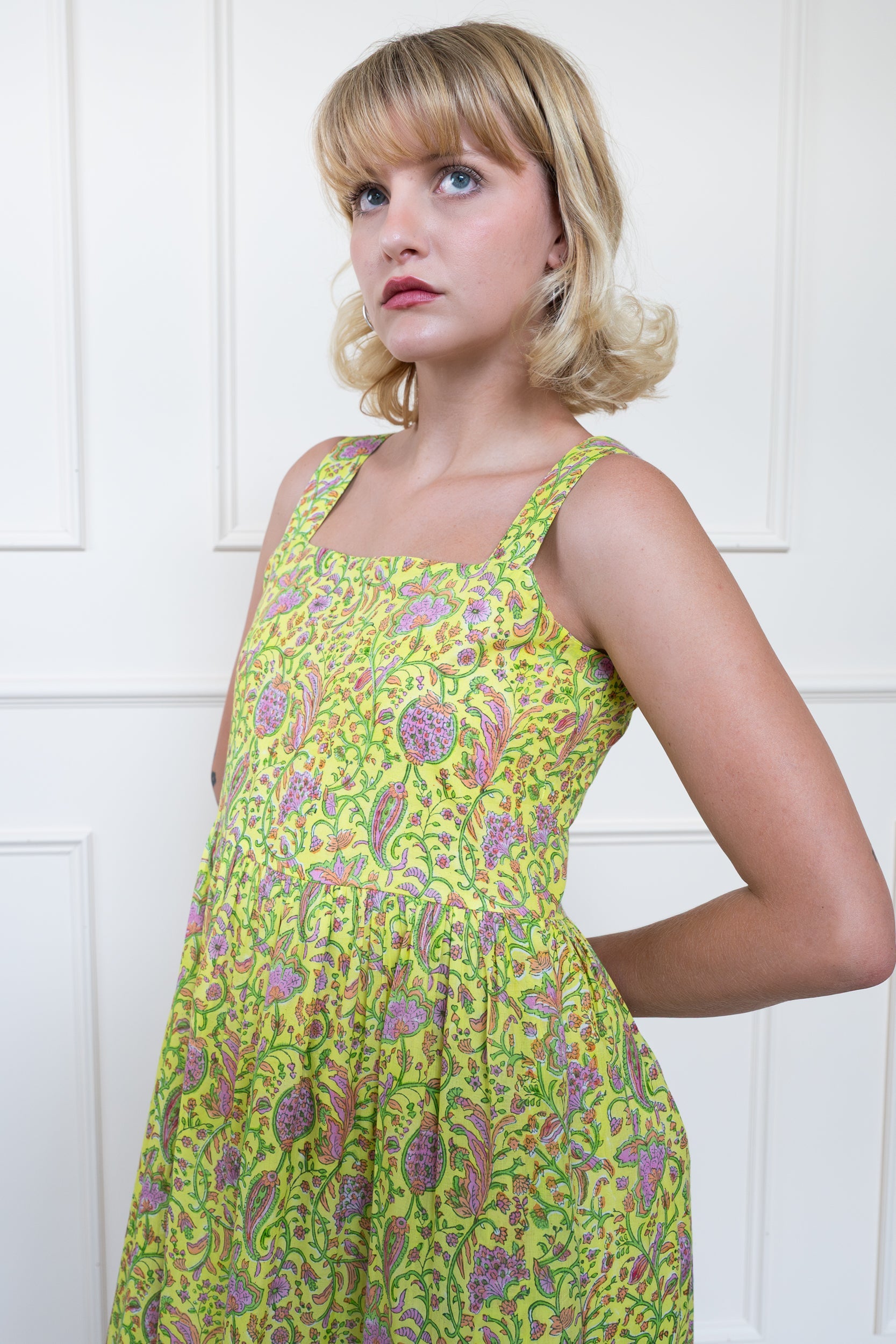 Mora Heritage Cairns Dress in Lemon Myrtle. Handmade organic cotton midi dress Australia.