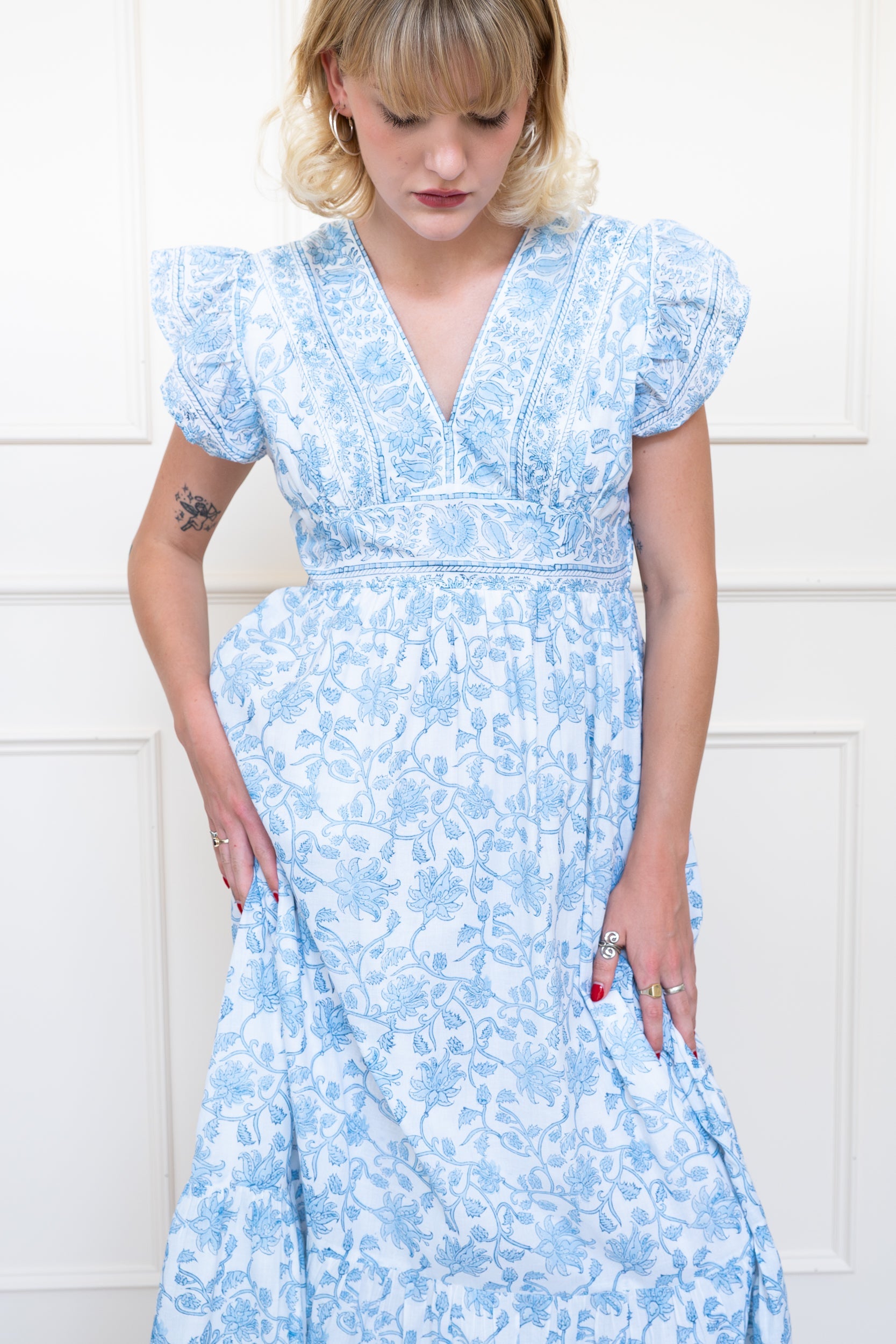 Mora Heritage Daintree Dress in Blue Floral. Organic cotton maxi dress Australia luxury resort wear.
