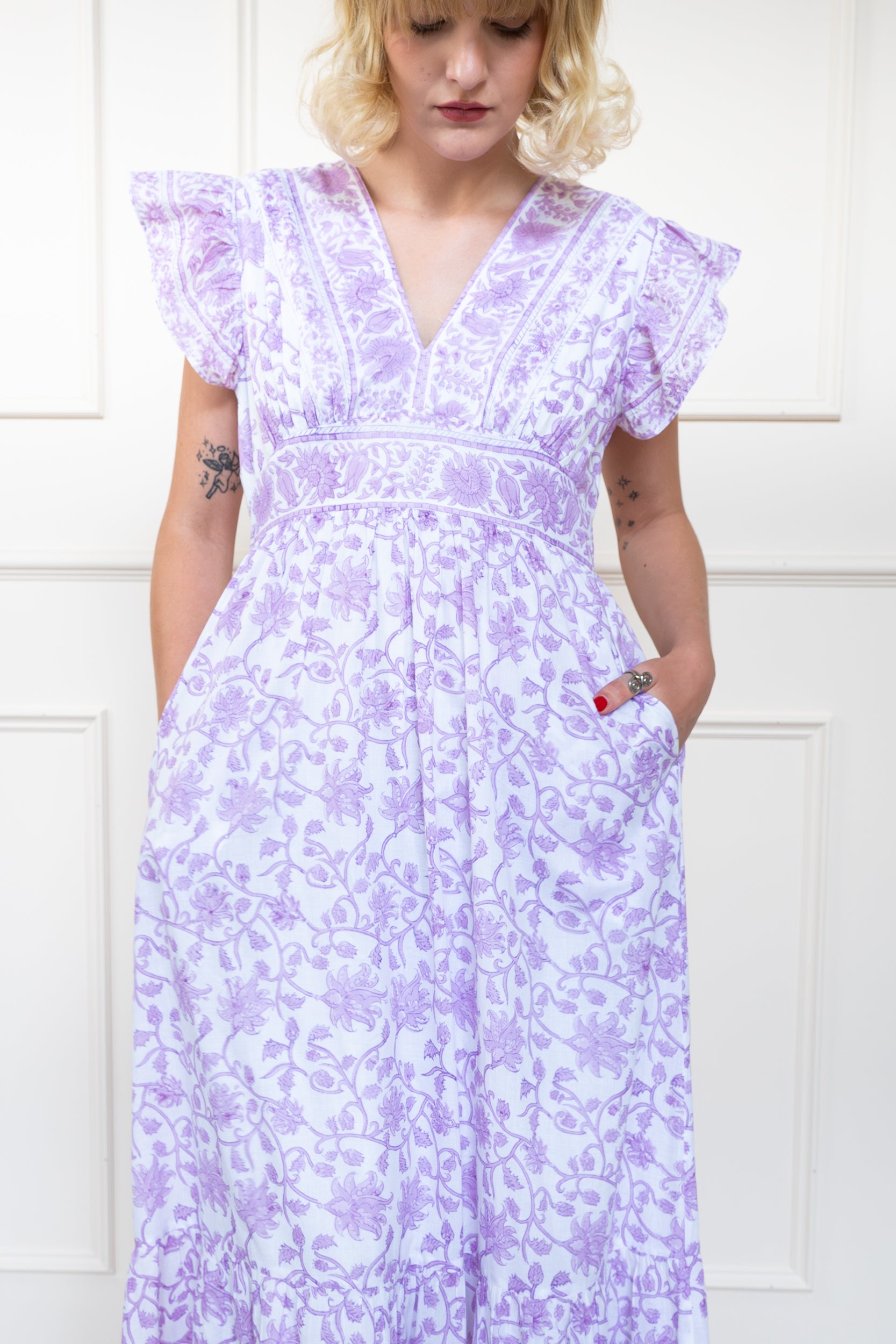 Mora Heritage Daintree Dress in Orchid Bloom Purple. Organic cotton maxi dress Australia tropical resort wear.