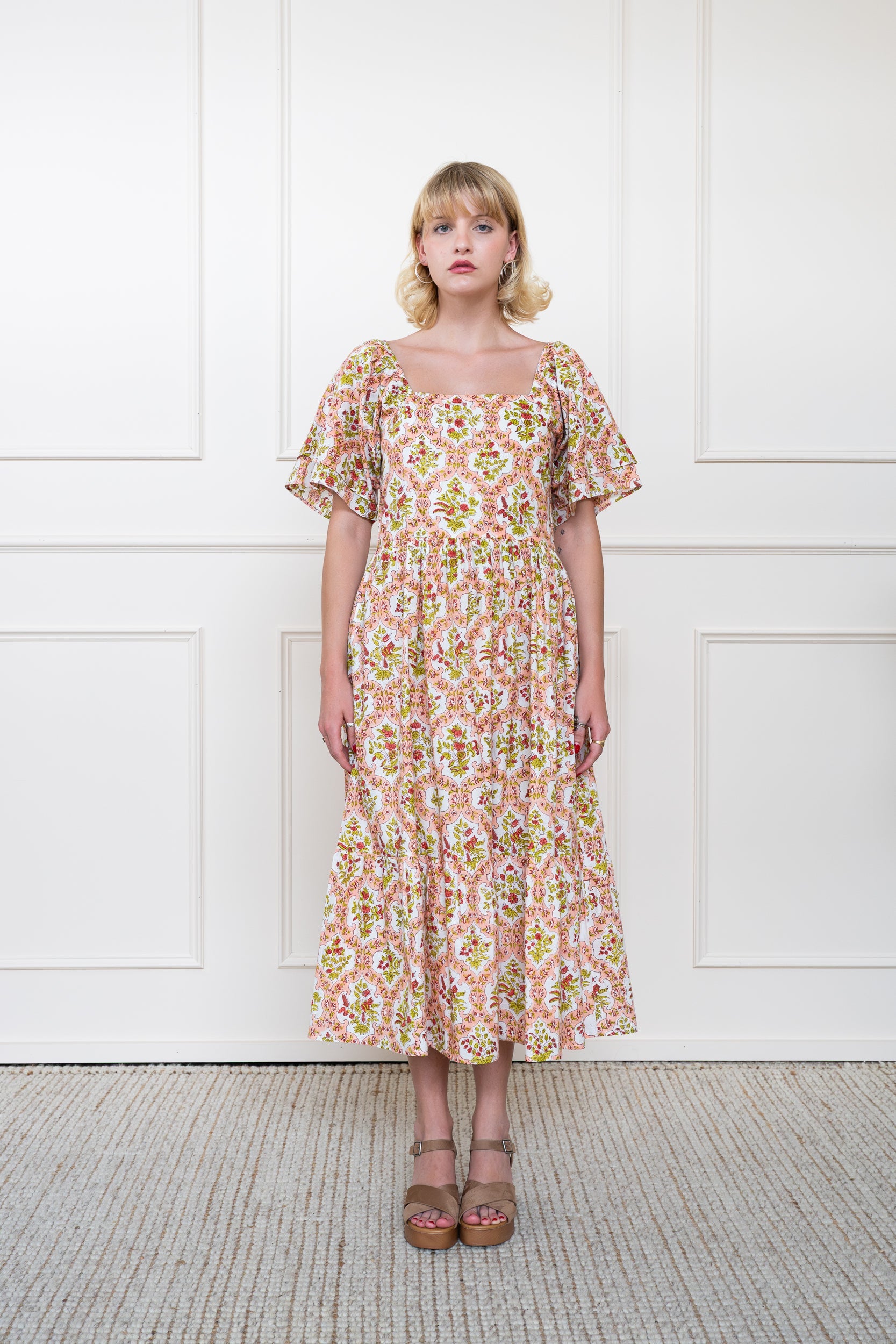 Mora Heritage Grampians Dress in Rose Garden. Peach orange organic cotton midi dress Australia.