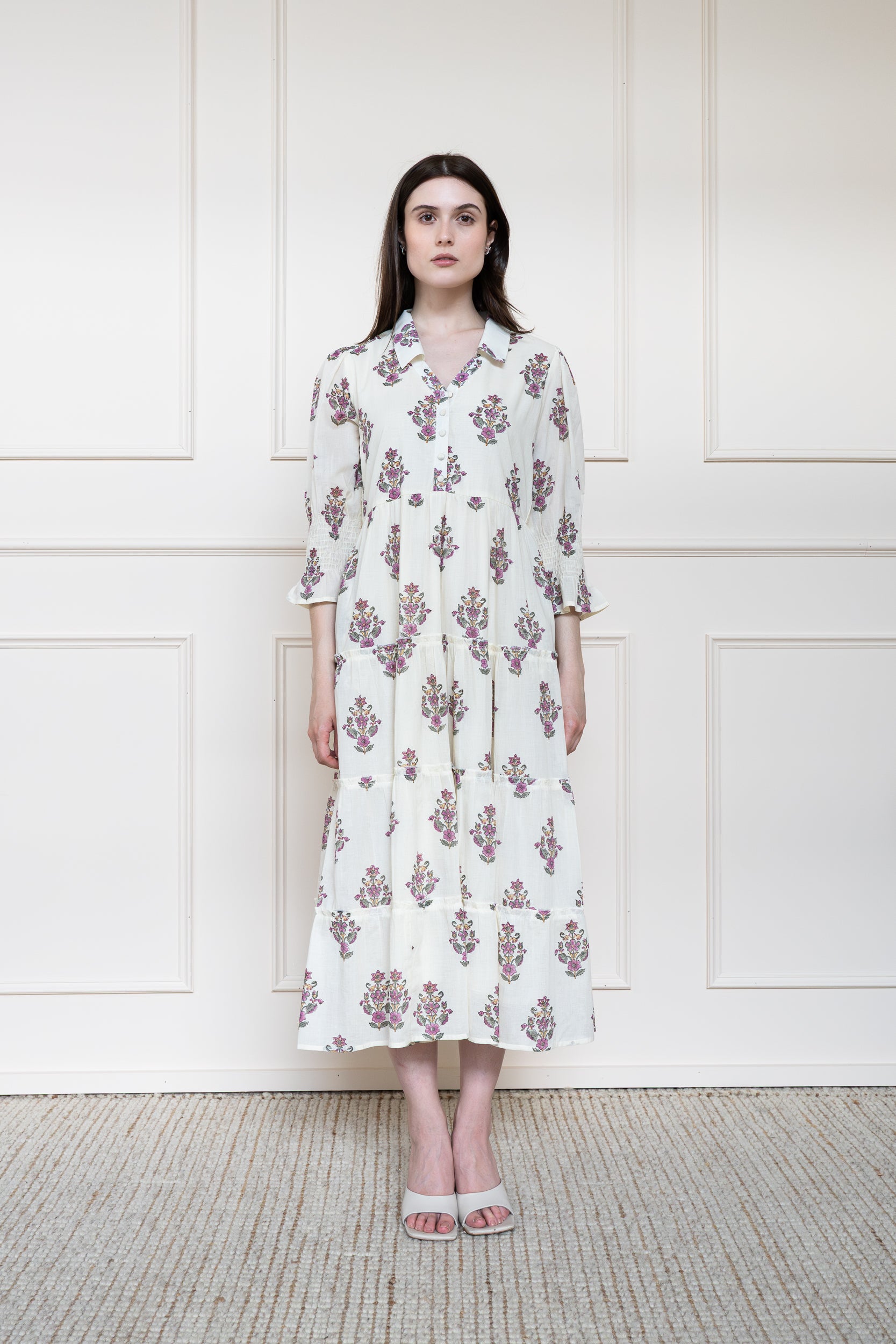 Mora Heritage Noosa Dress in Peregian White. Organic cotton midi dress Australia with shirt collar.