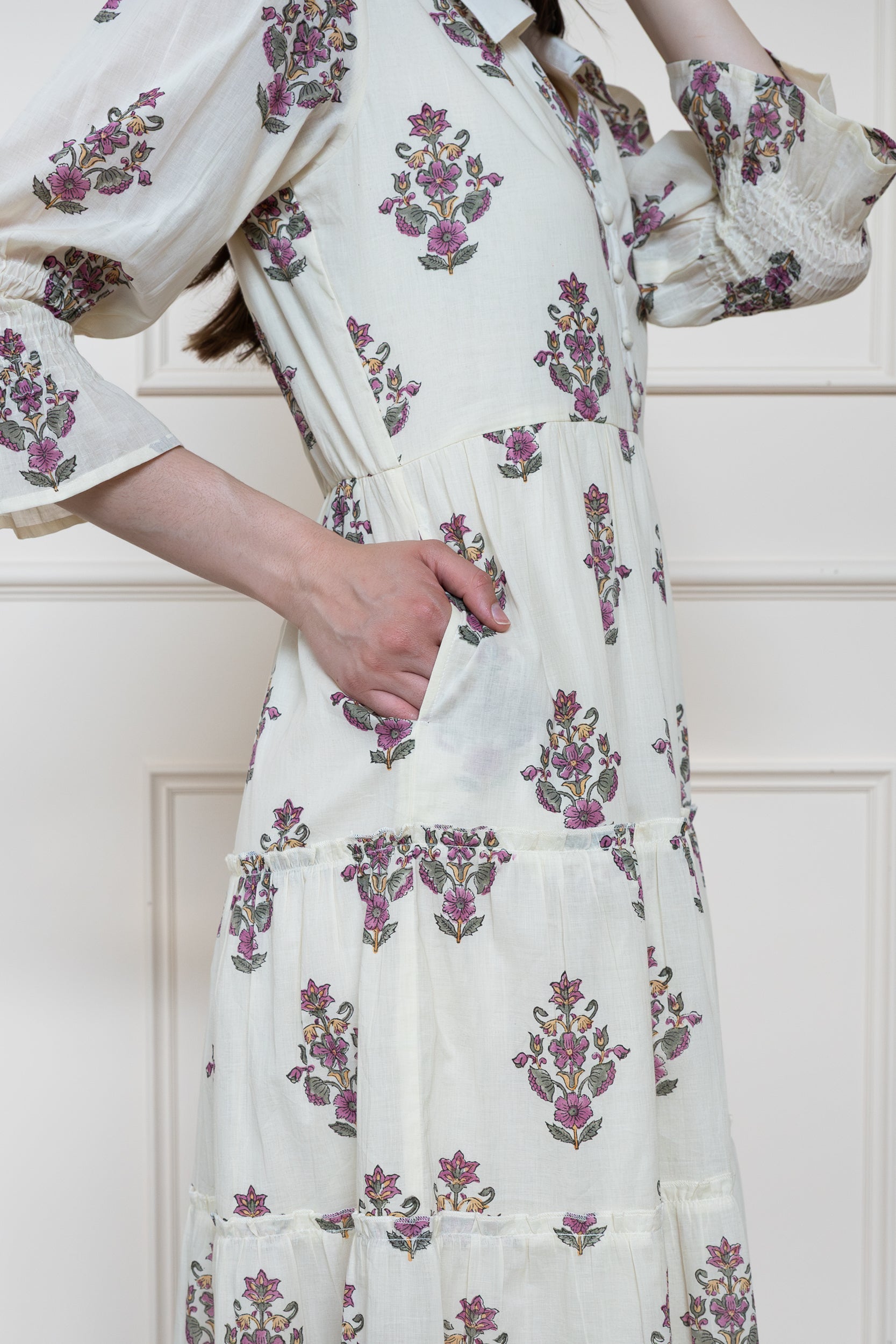 Detail view of Noosa Dress showing functional side pockets for practical everyday wear.