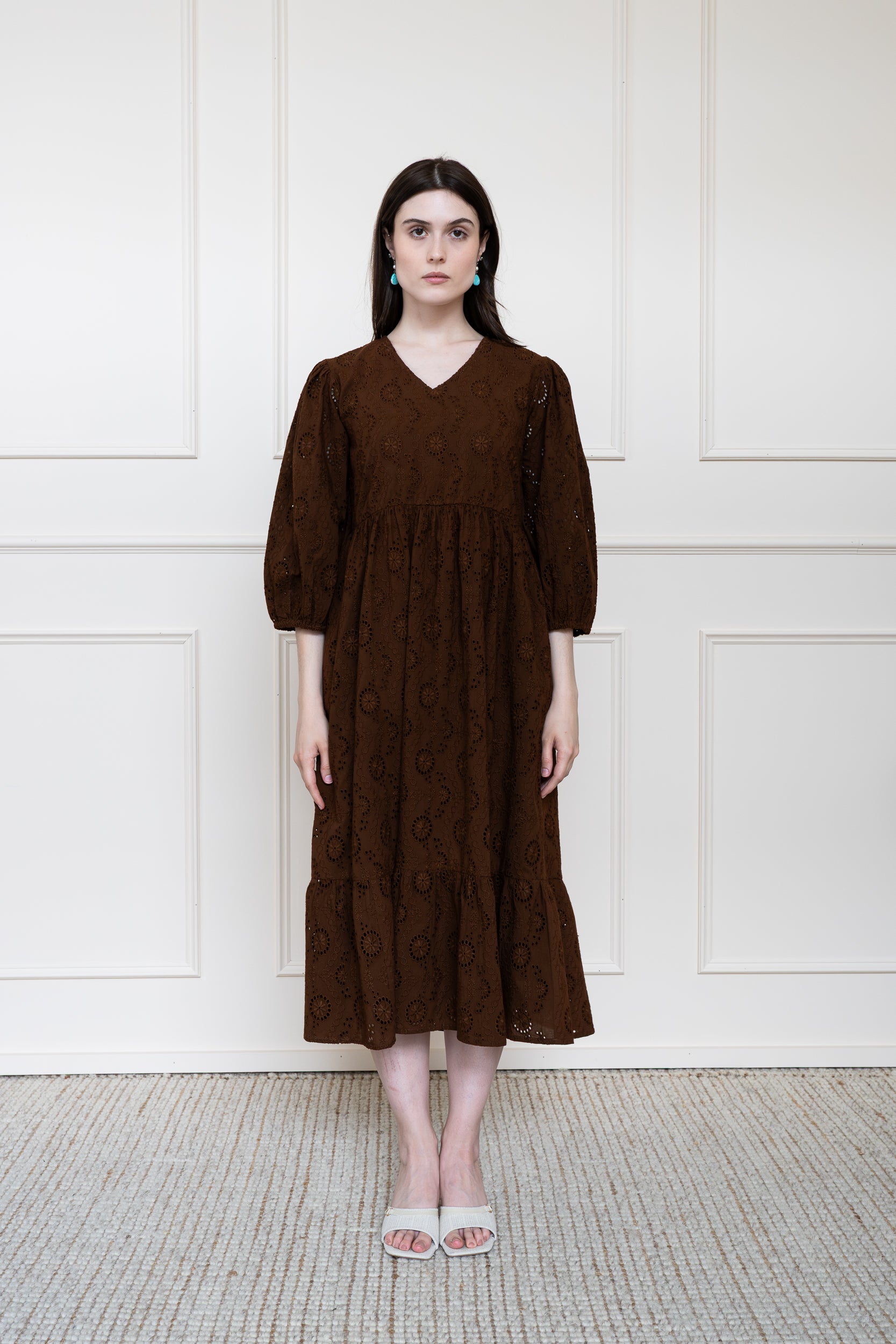 Mora Heritage Tamarind Dress in Earth Rust Brown. Organic cotton midi dress with sleeves Australia.