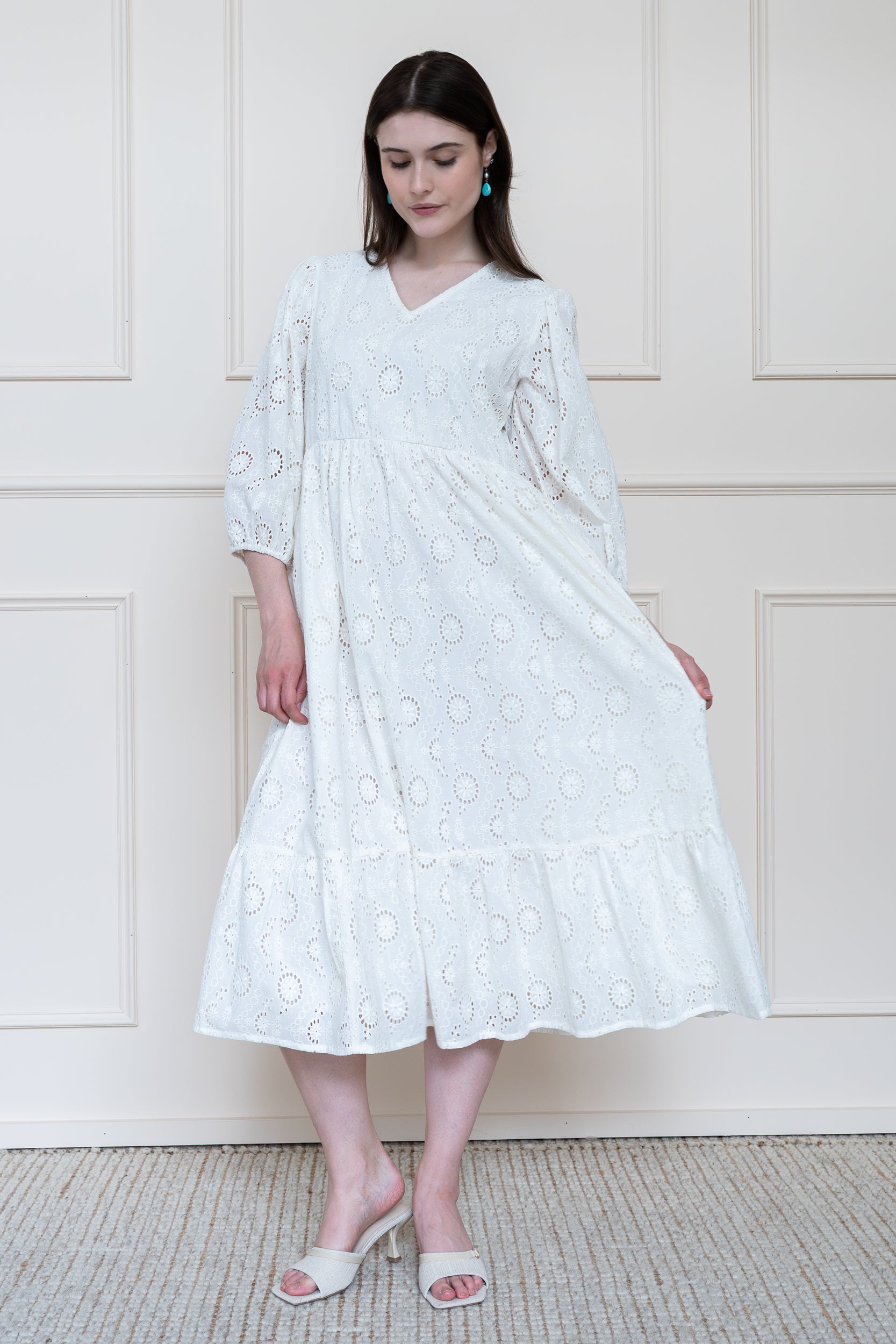 Mora Heritage Tamarind Dress in Cotton Clouds White. Embroidered organic cotton midi dress Australia.