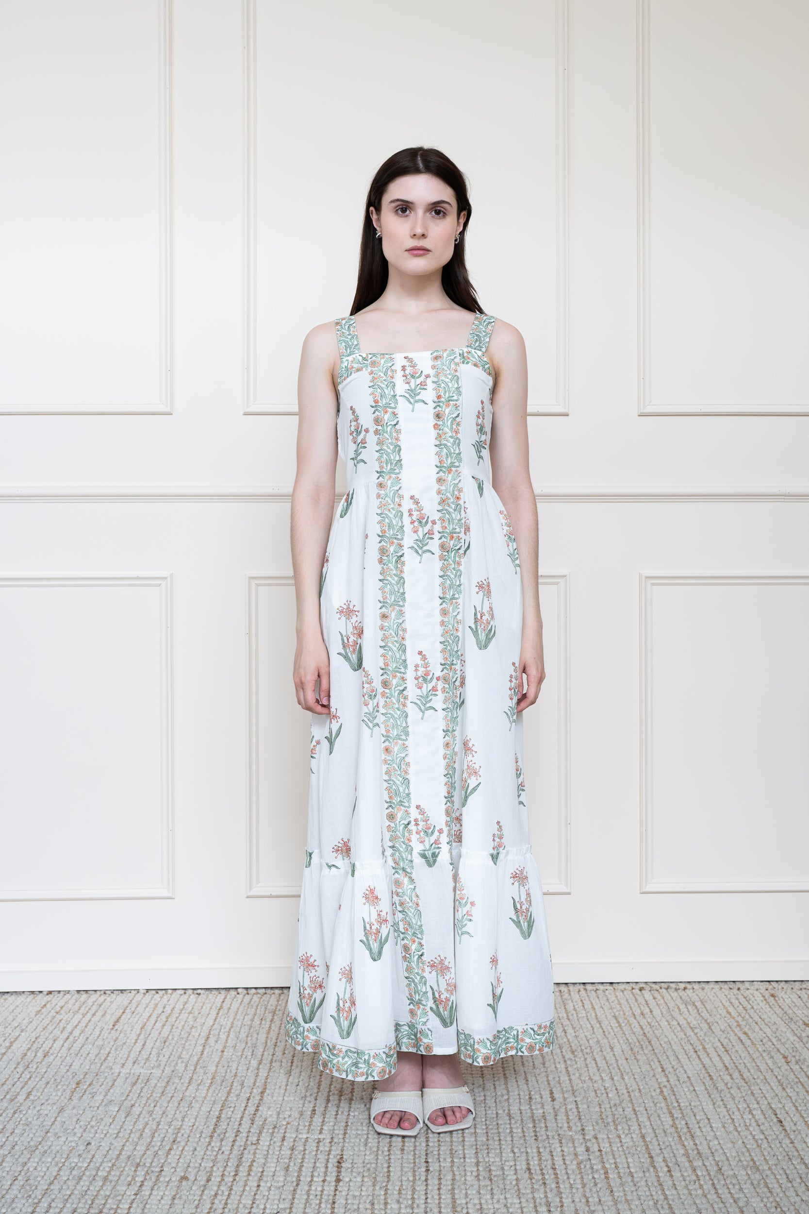 Mora Heritage Whitsunday Dress in Coral Sands. White organic cotton maxi dress with adjustable straps Australia.