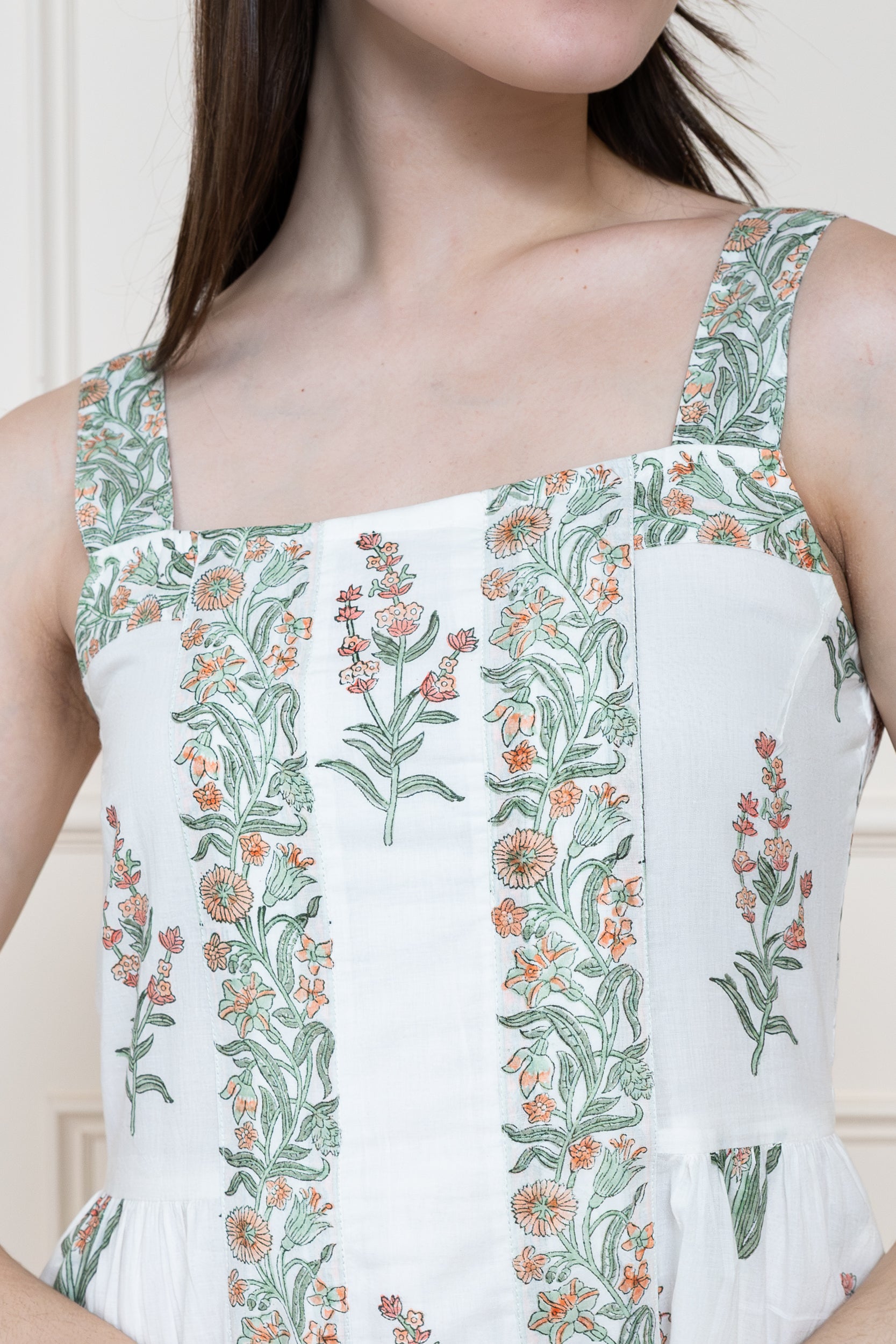 Close up of adjustable shoulder tie straps on Whitsunday Dress showing sleeveless summer design.