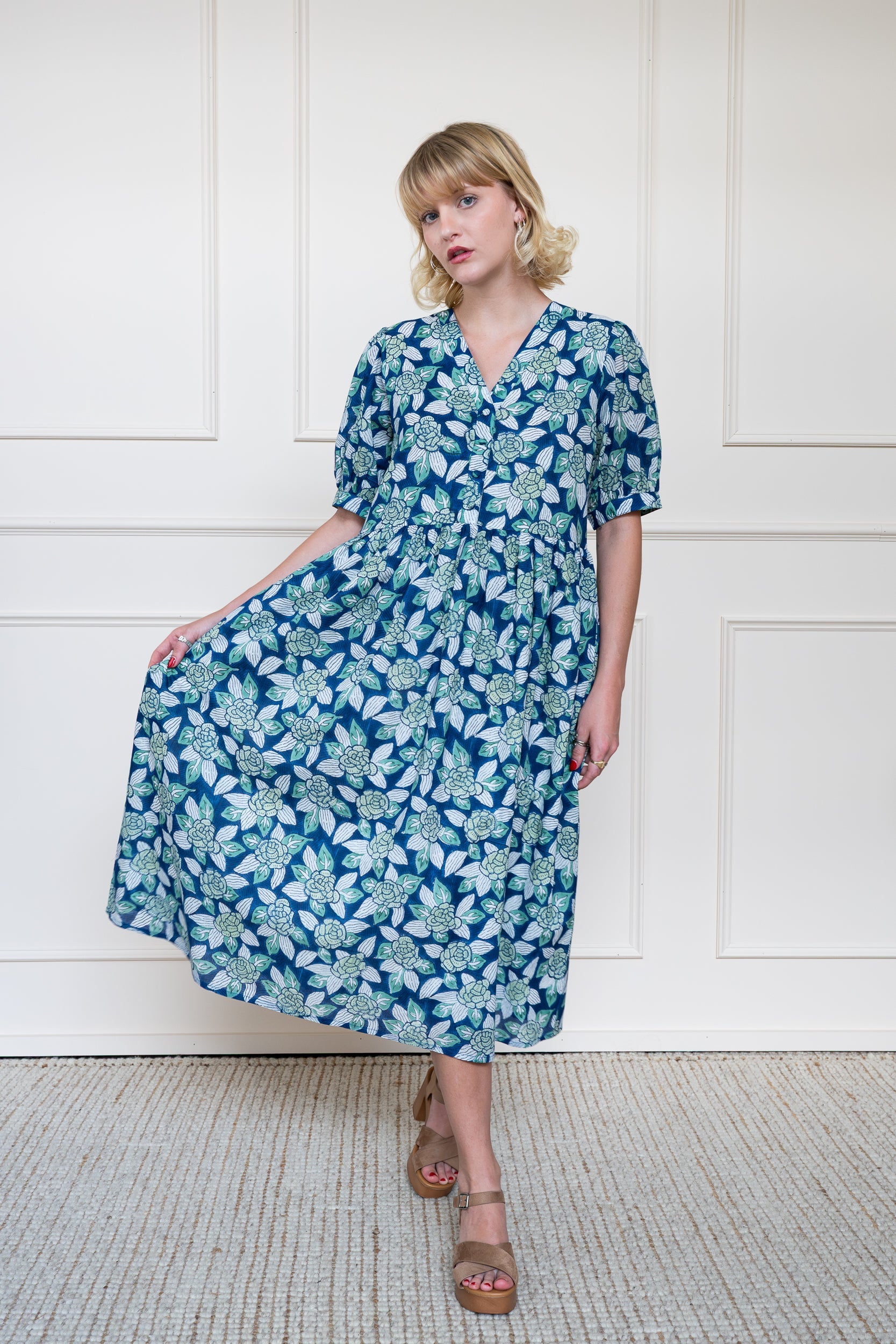 Mora Heritage Yarra Valley Dress in Ocean Garden Blue. Organic cotton midi dress with sleeves Australia luxury resort wear.