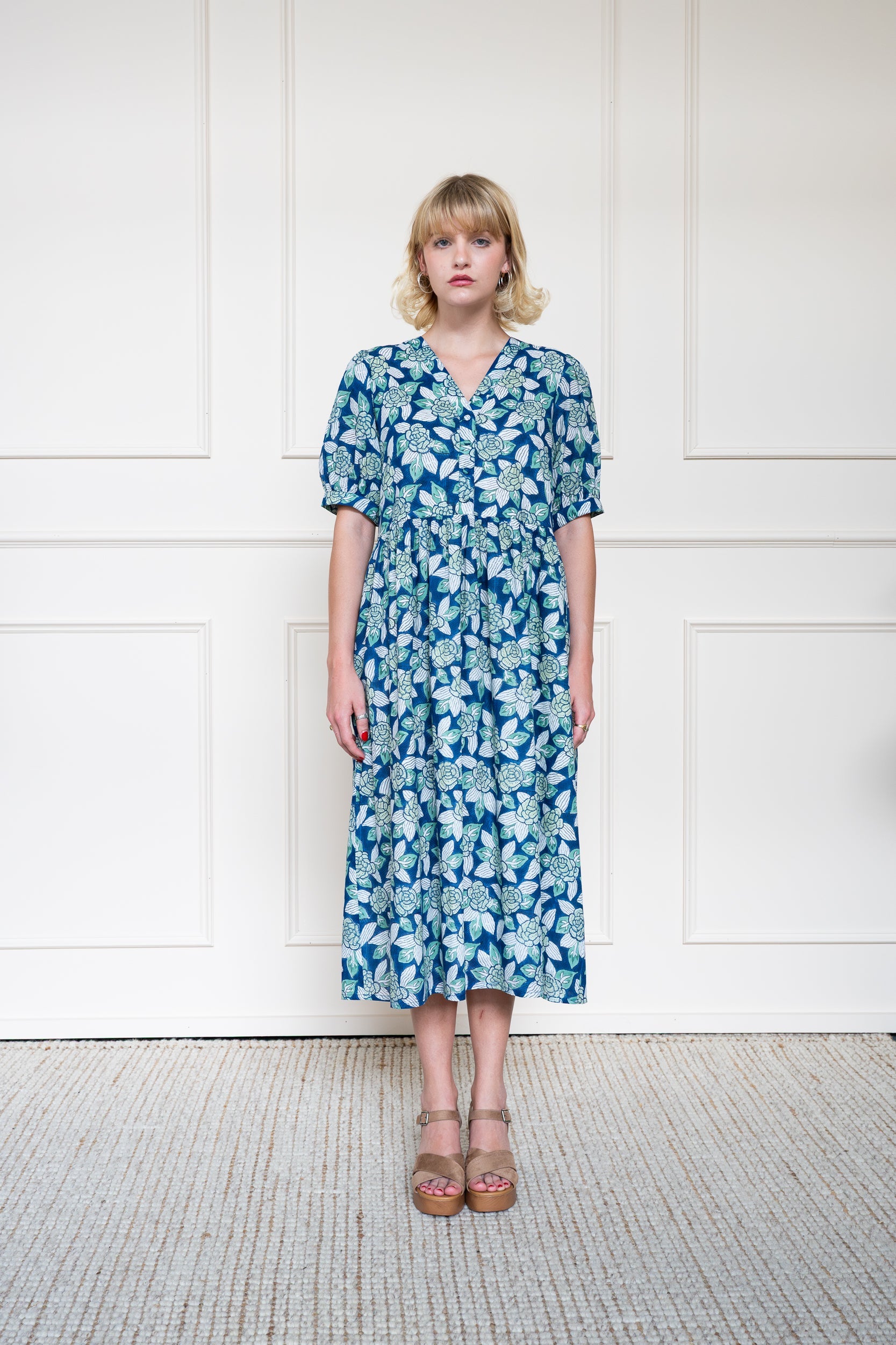 Yarra Valley Dress in Ocean Garden Blue showing flowing midi skirt suitable for summer work dress or wedding guest.