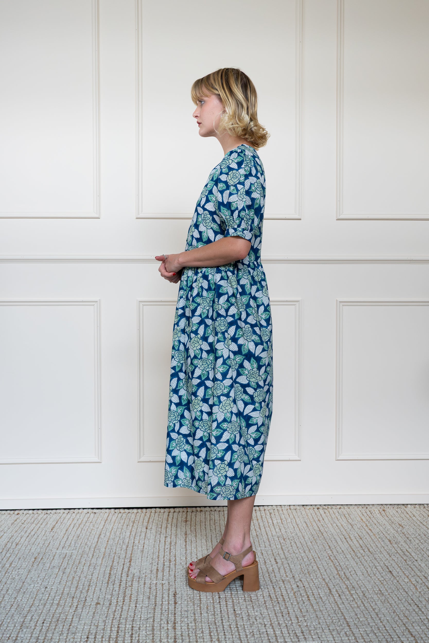Side view of Yarra Valley Dress in Ocean Garden Blue showing relaxed summer silhouette and lightweight organic cotton drape.