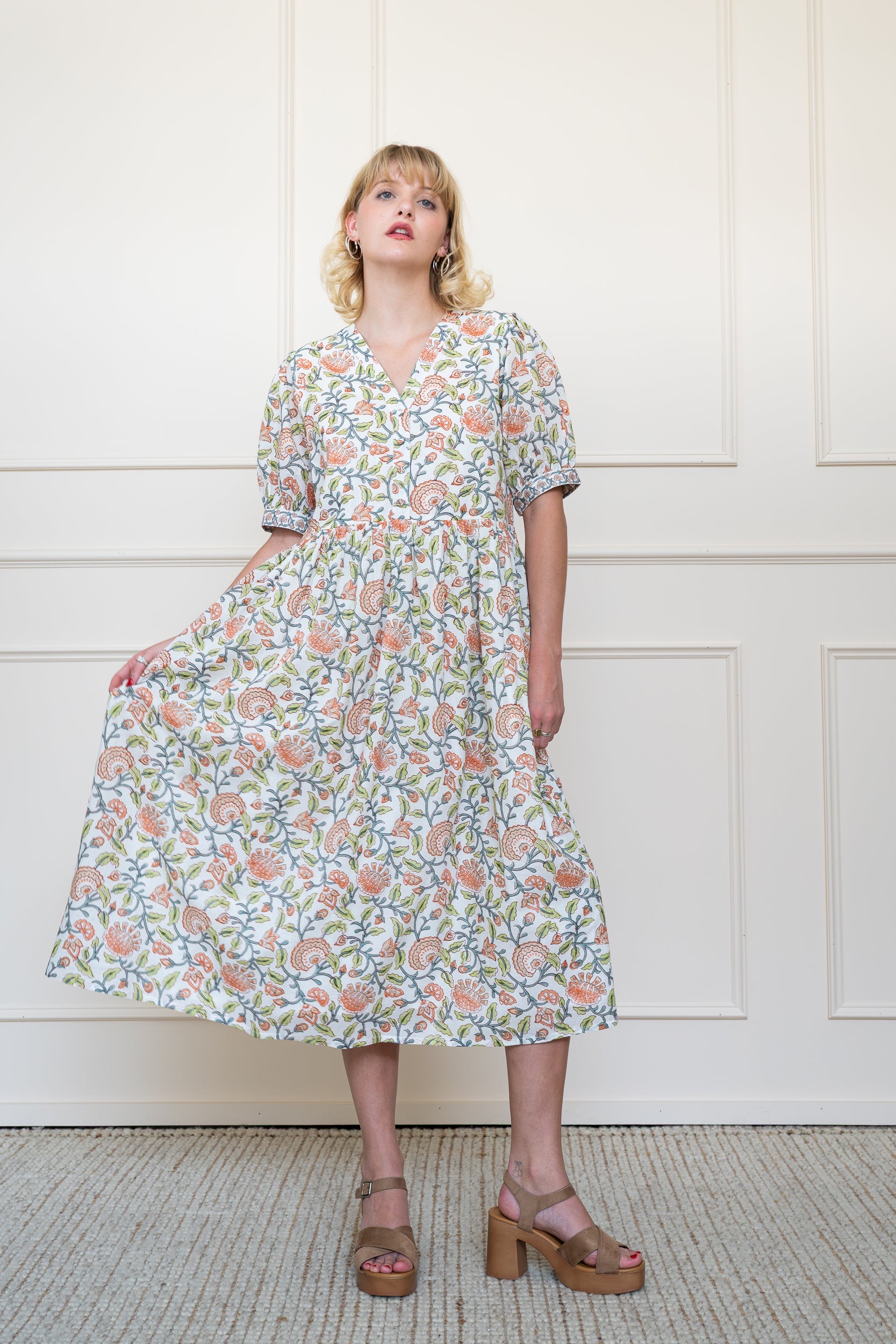 Mora Heritage Yarra Valley Dress in Coral Garden. White organic cotton midi dress with sleeves Australia luxury resort wear.