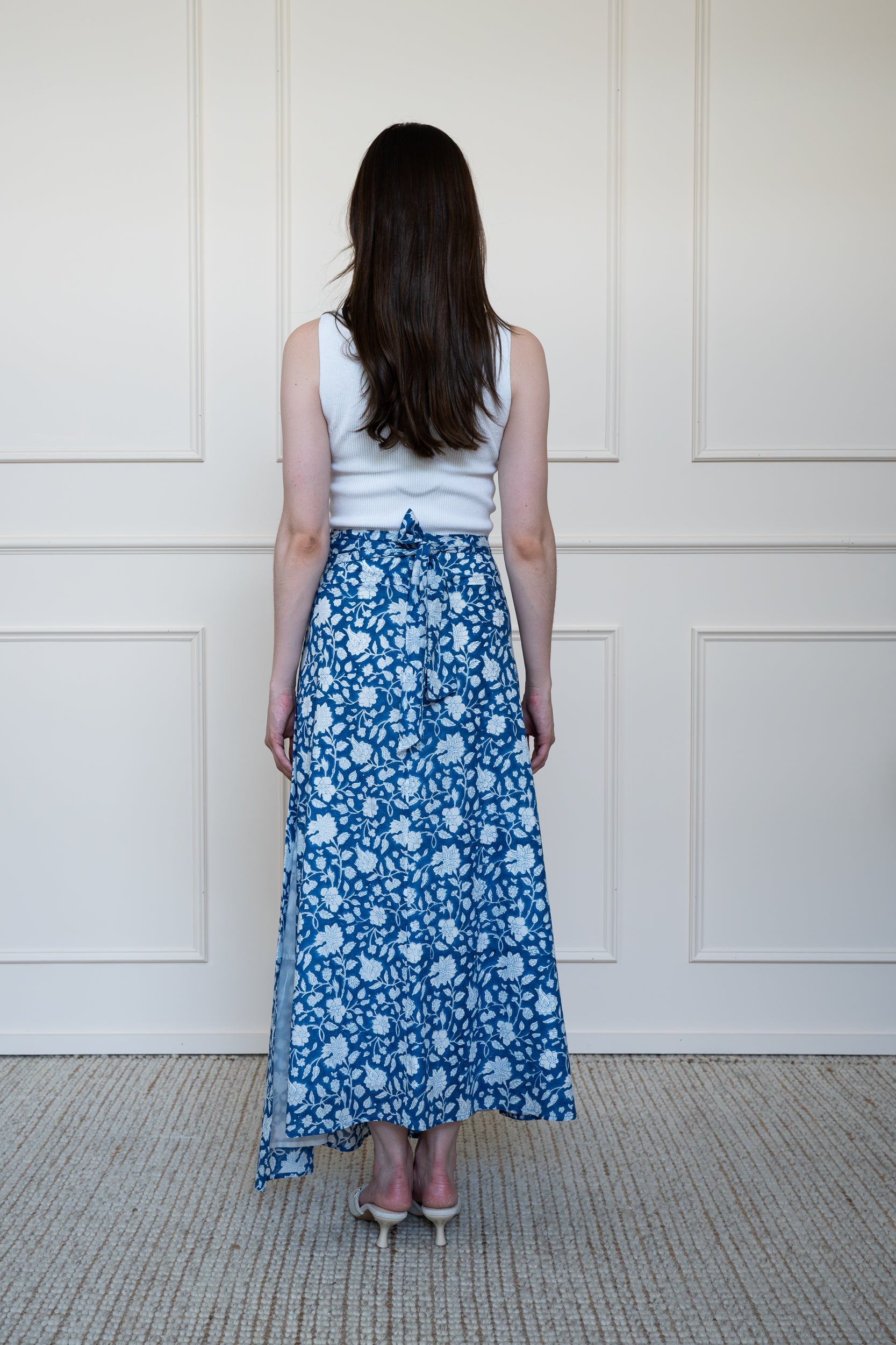 Back view of Flinders Skirt in Blue showing A-line silhouette and breathable organic cotton fabric.