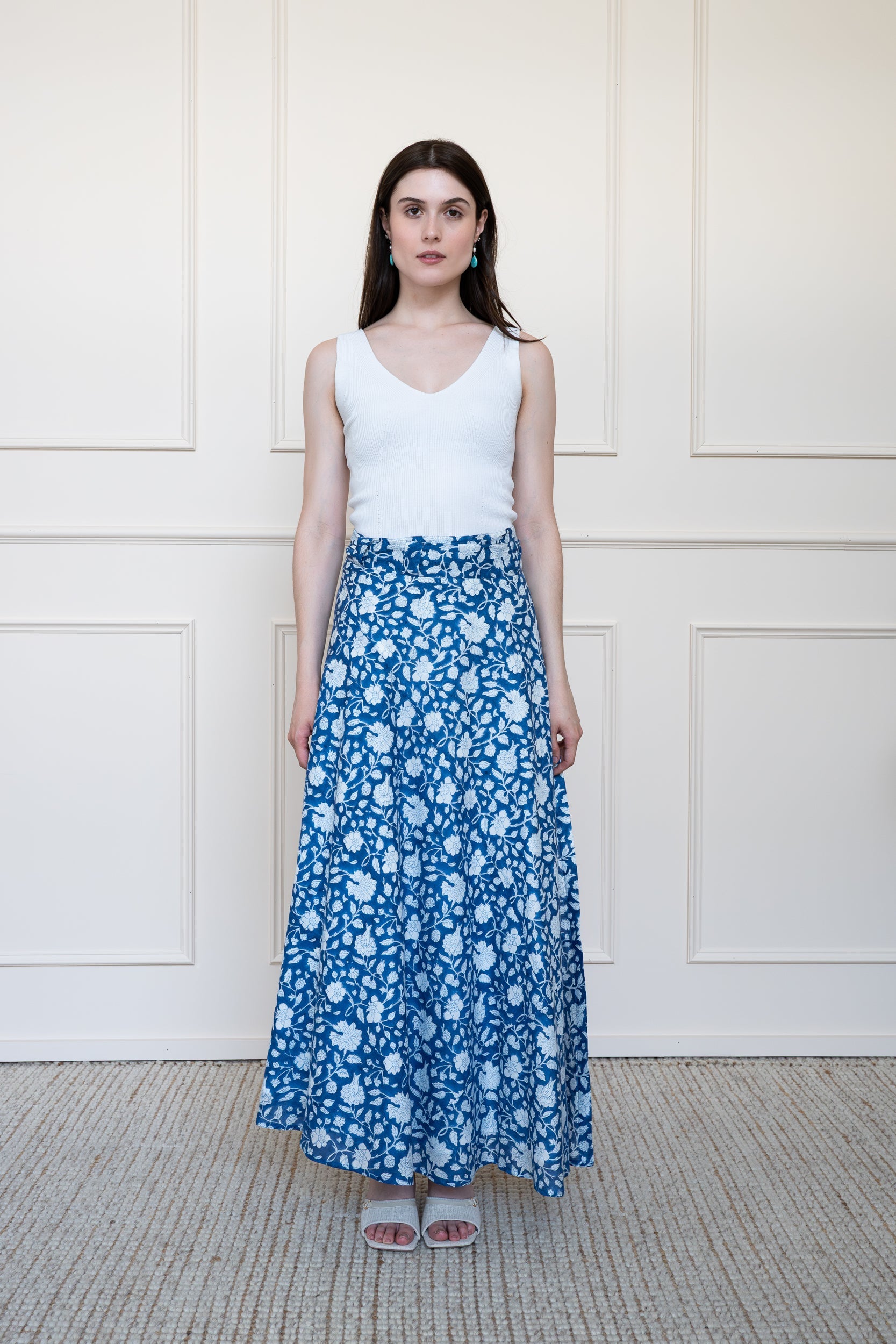 Mora Heritage Flinders Skirt in Midnight Bloom Blue. Organic cotton maxi skirt Australia with wrap style fit.