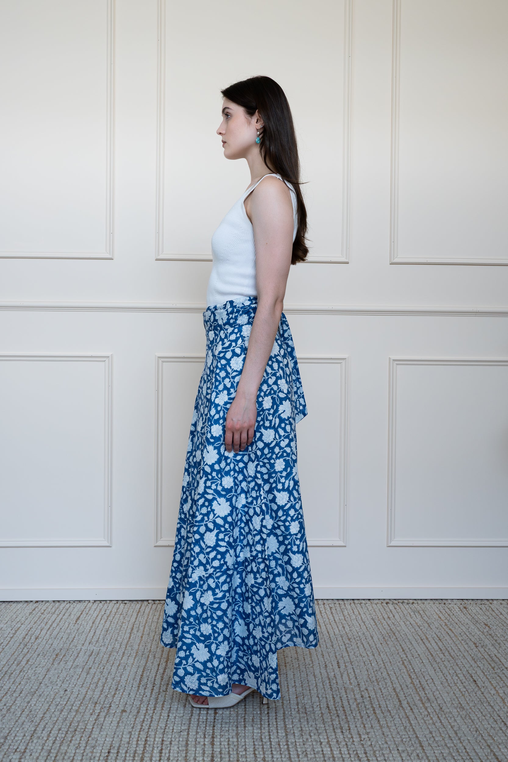 Side view of Flinders Skirt in Blue showing relaxed summer styling and lightweight cotton volume.