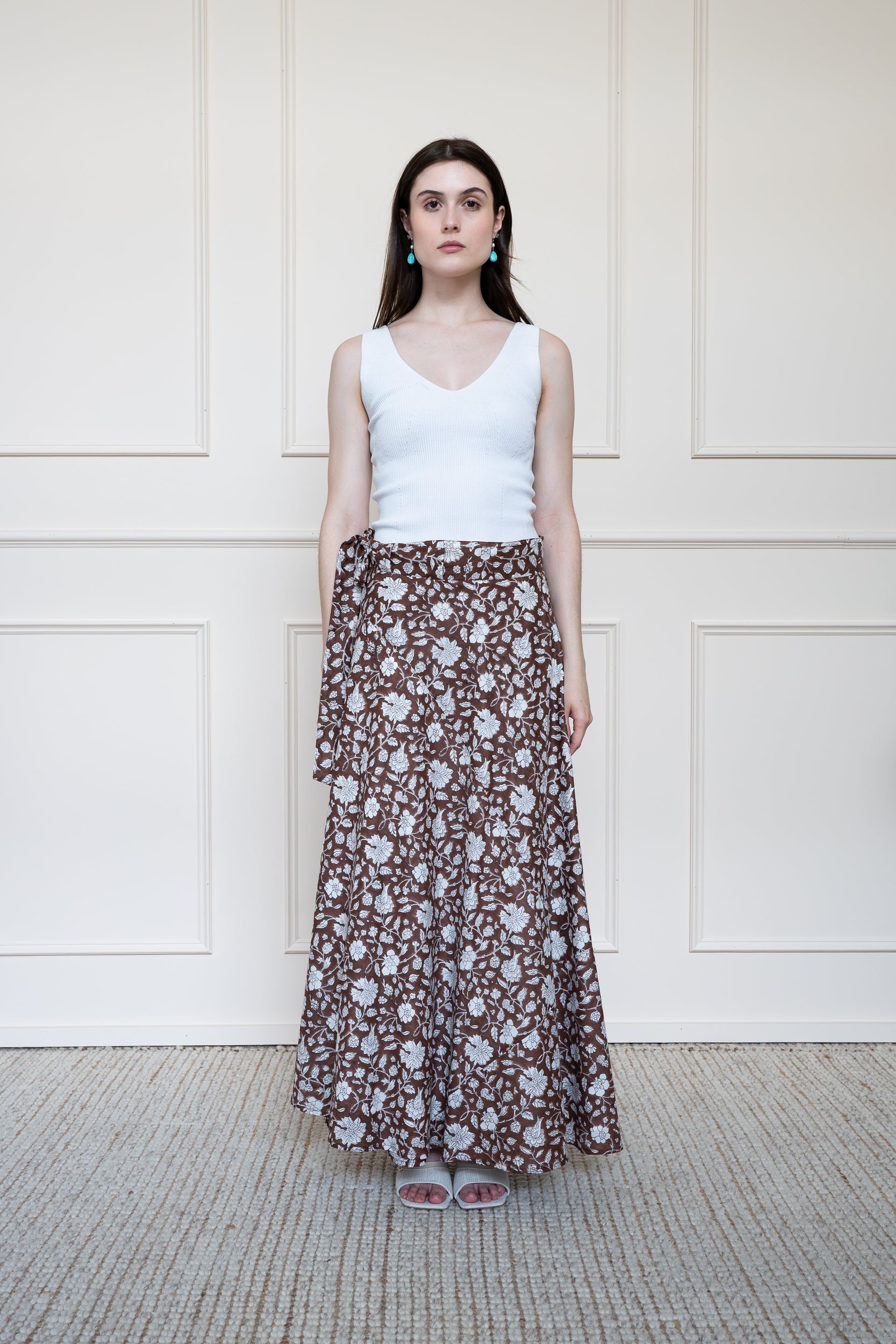 Mora Heritage Flinders Skirt in Chocolate Blossom Brown. Organic cotton maxi skirt Australia with wrap style fit.