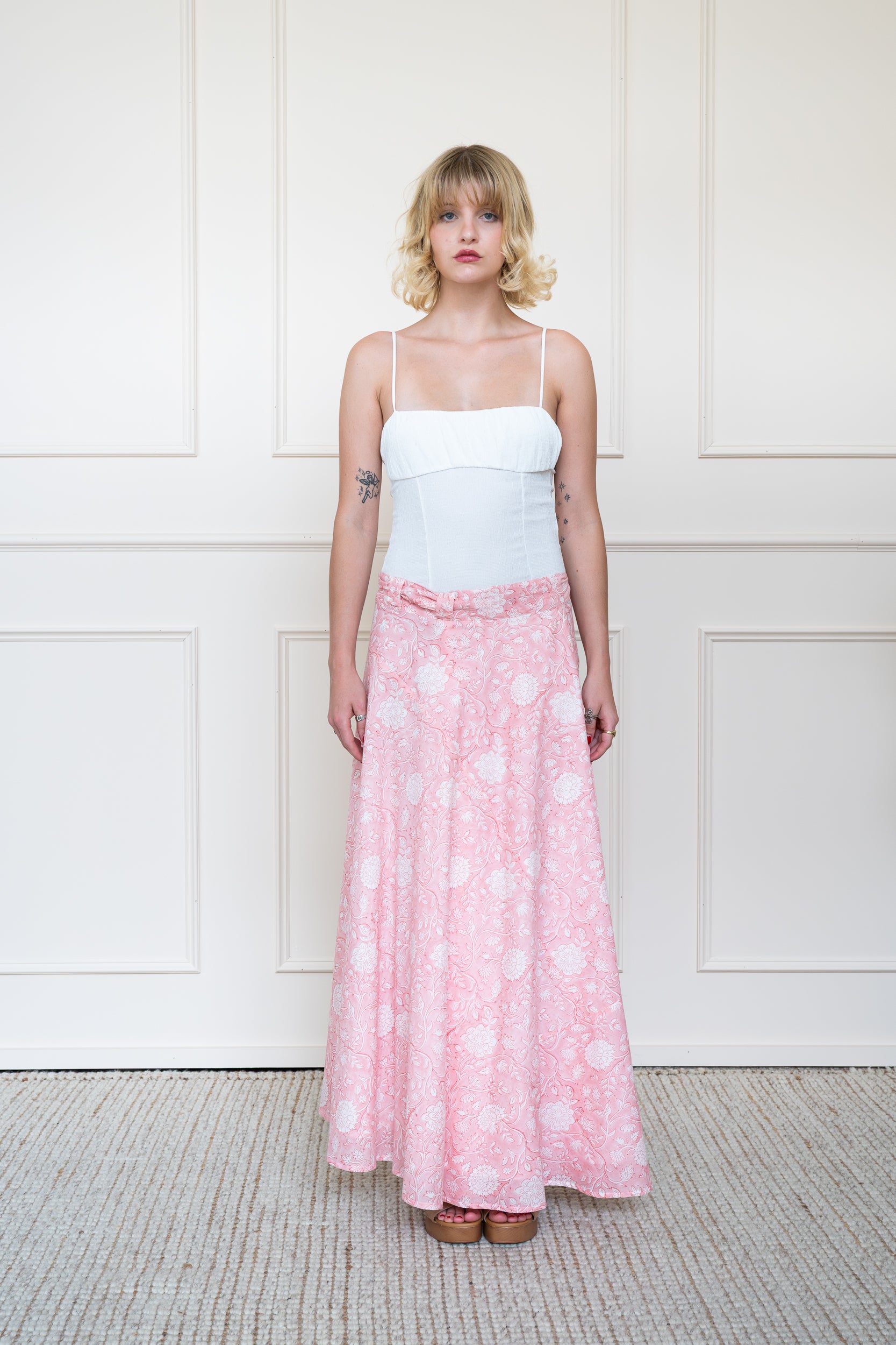 Mora Heritage Flinders Skirt in Apricot Sunset Pink. Organic cotton maxi skirt Australia with wrap style fit.